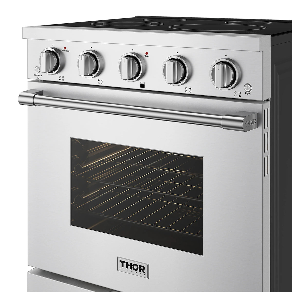 Stainless electric range with oven door open, showing lit interior oven rack