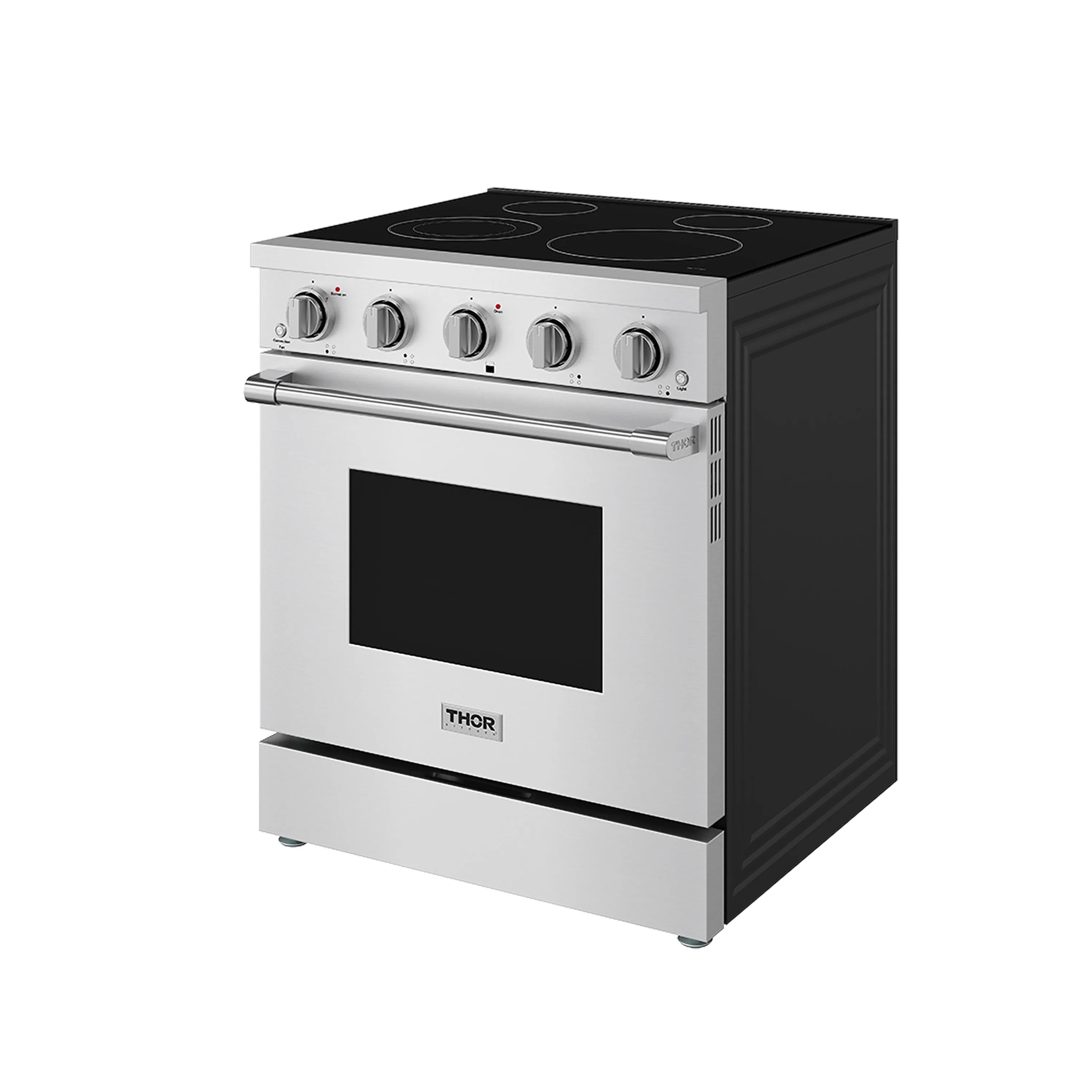 Stainless electric range with black cooktop and oven door window on closed door