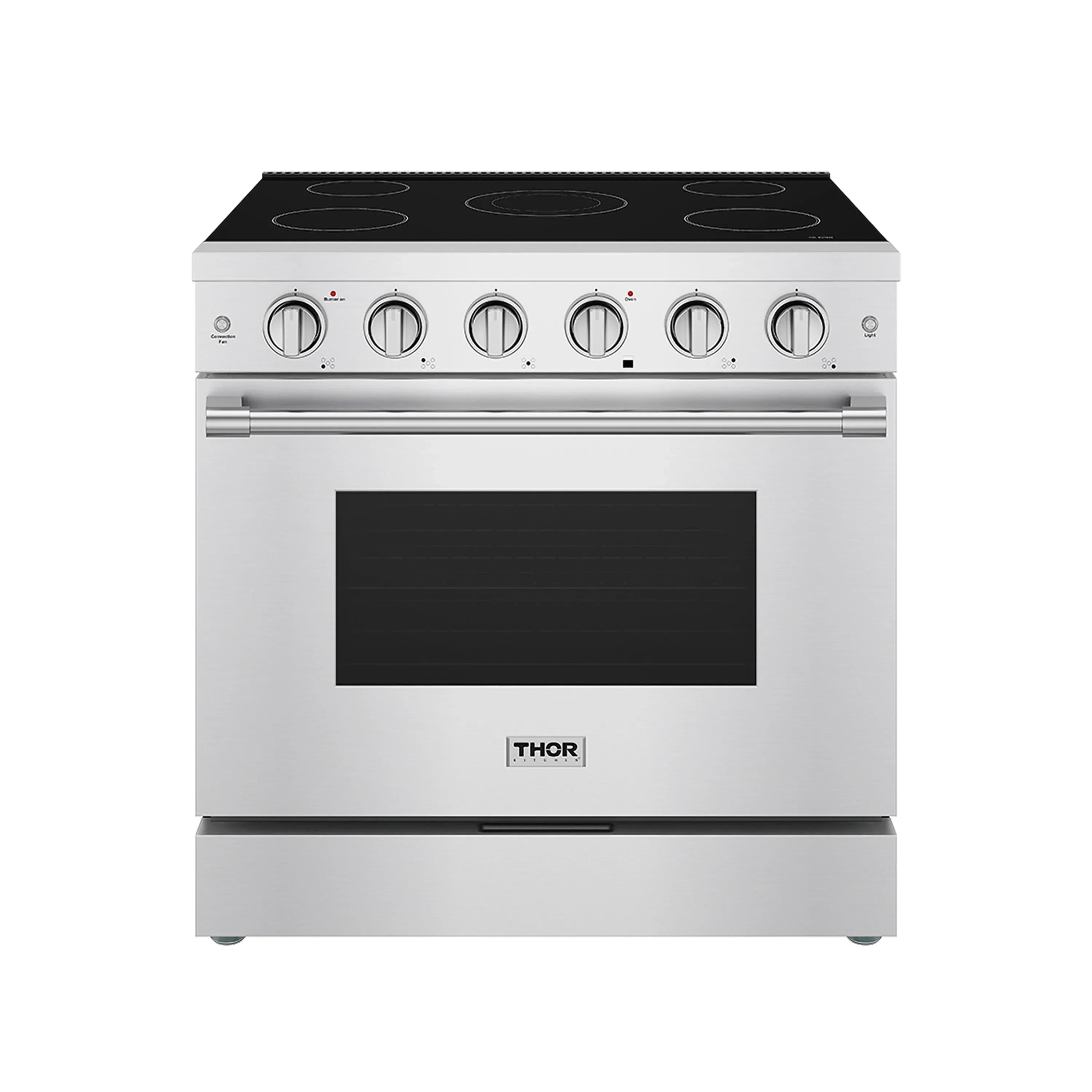 Stainless steel electric range with four coil burners and black oven door