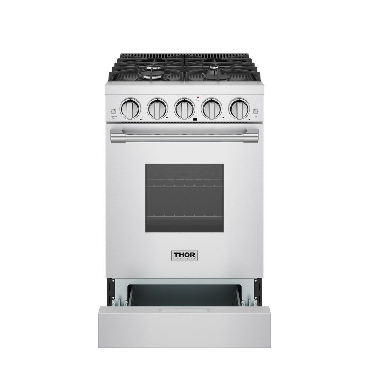 24-inch stainless steel gas range with storage drawer open