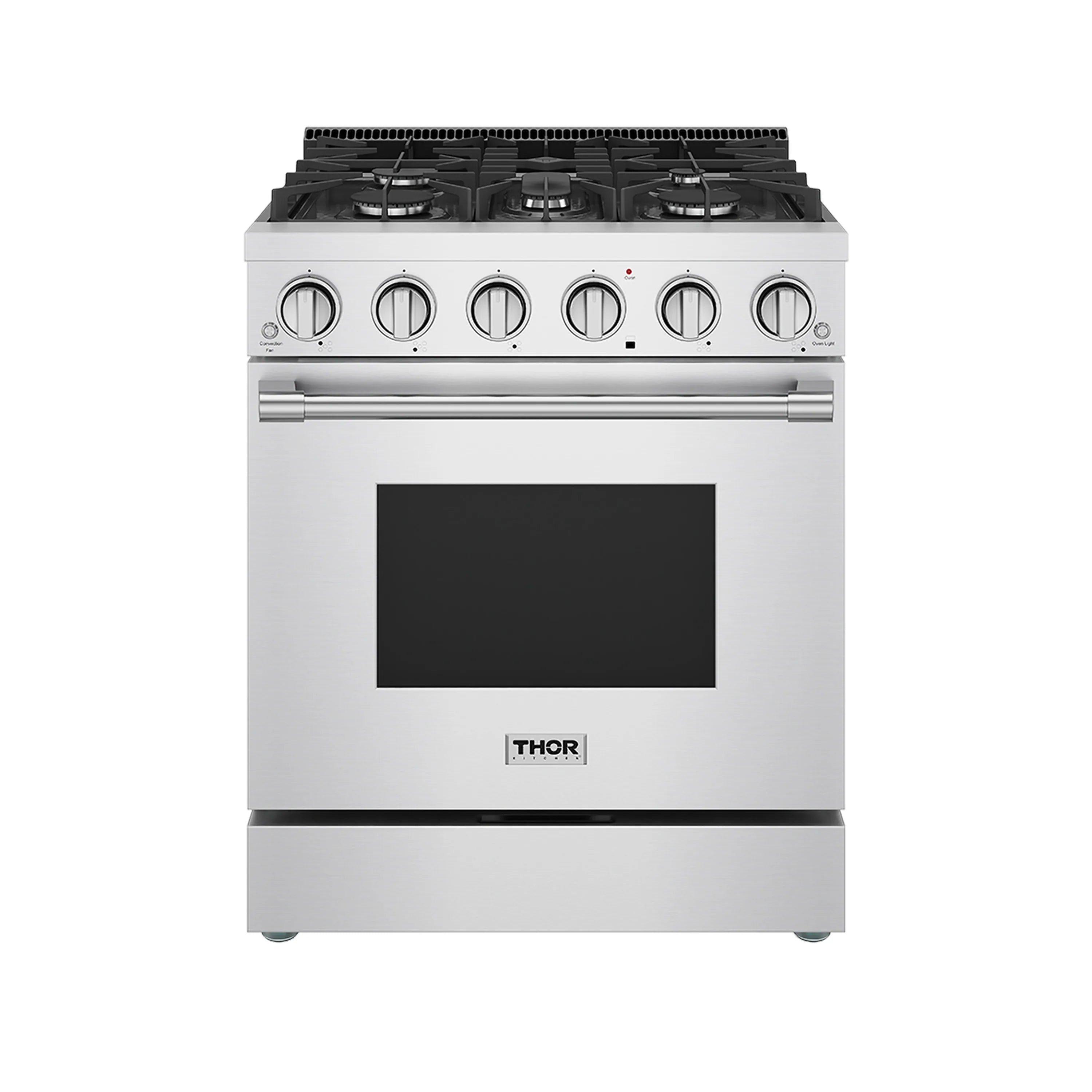 Stainless steel gas range with black glass oven door and six burner knobs
