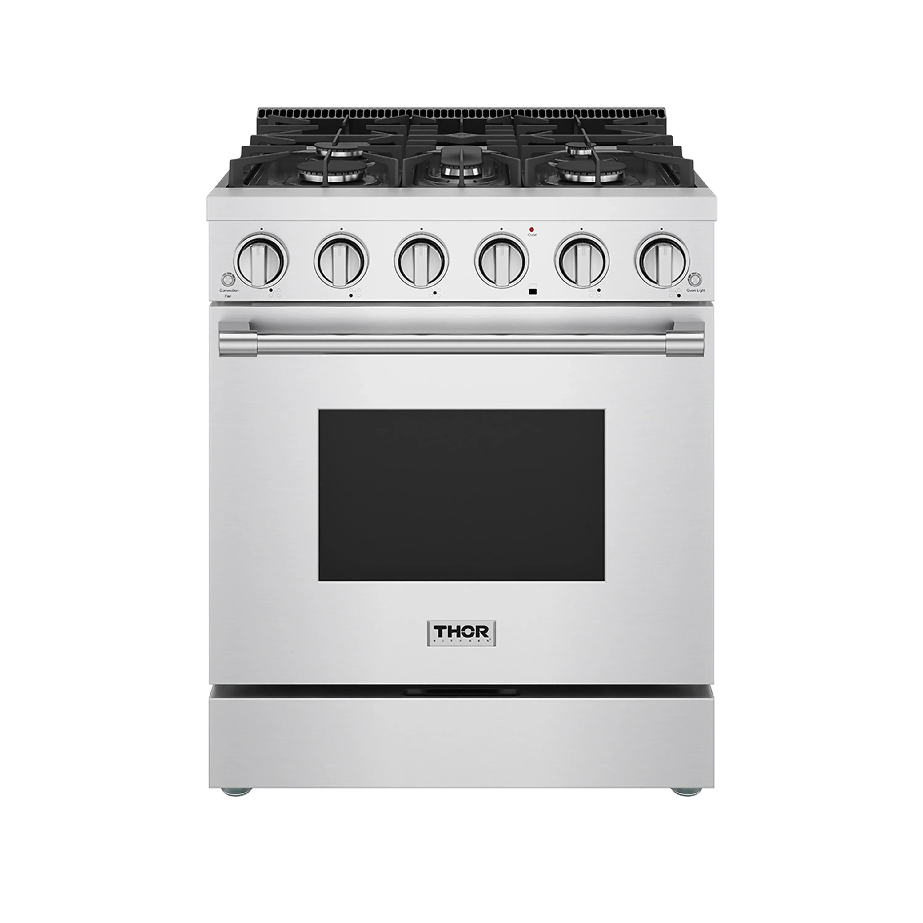 Stainless steel gas range with black glass oven door and six burner grates.