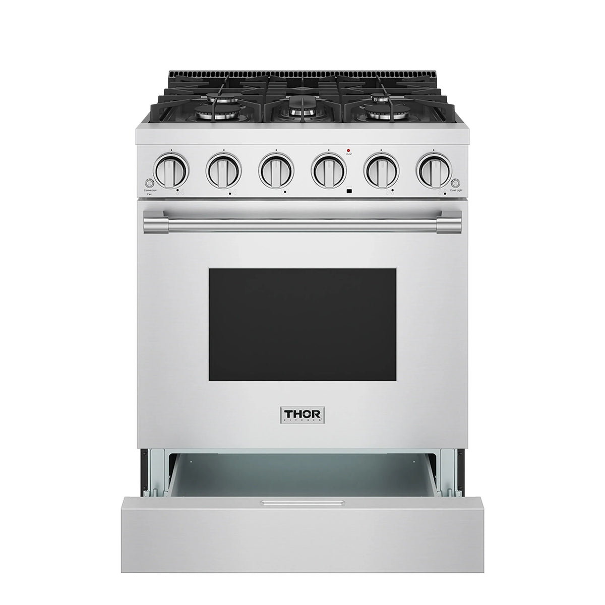 Stainless steel gas range with open oven door and six front burner controls