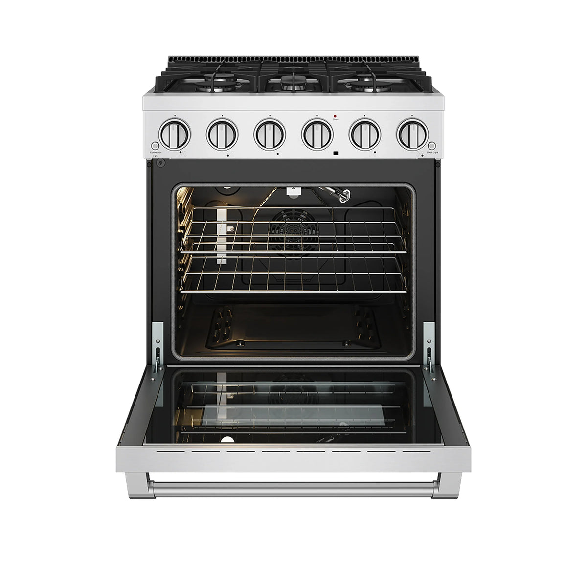 Stainless steel gas range with oven door open showing racks and interior heating