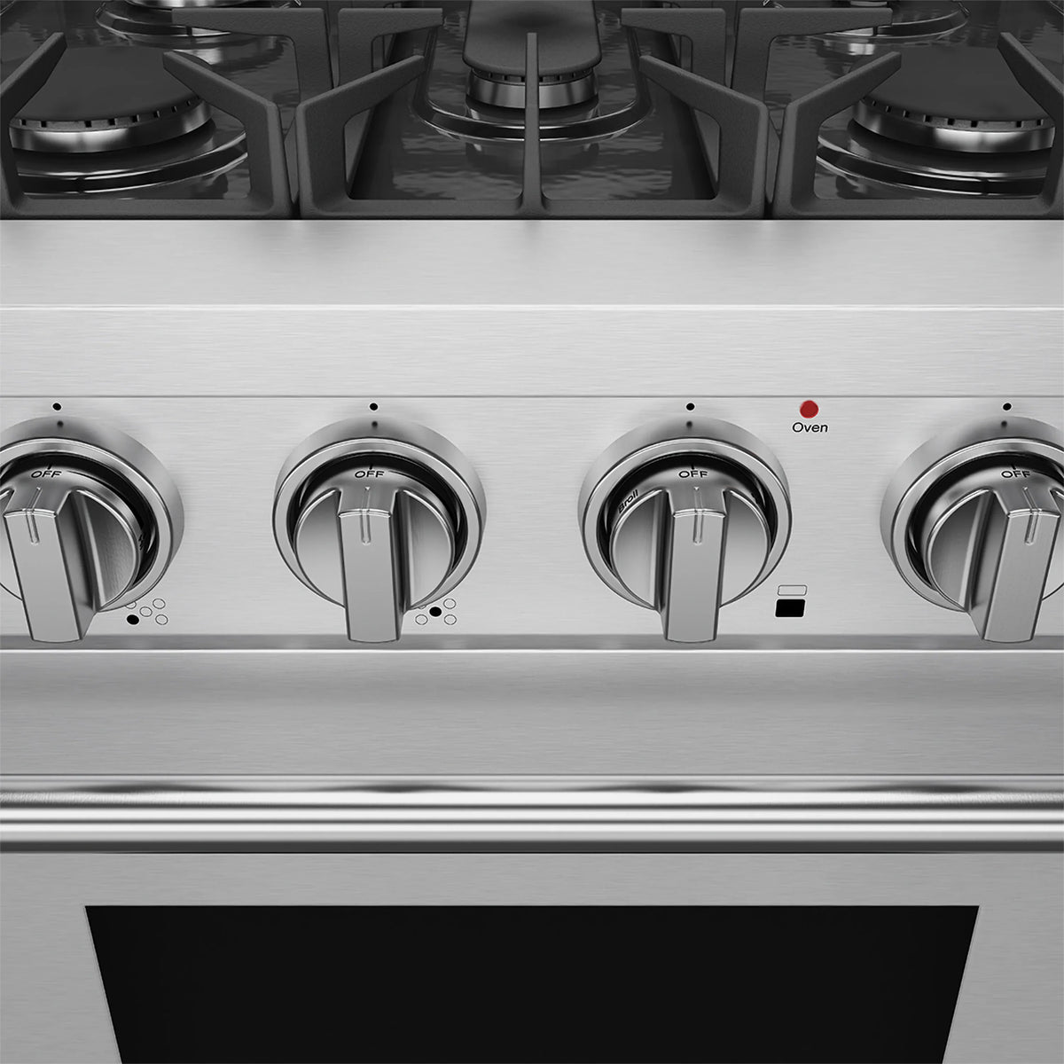 Stainless steel gas range control panel with four front burner knobs and oven switch