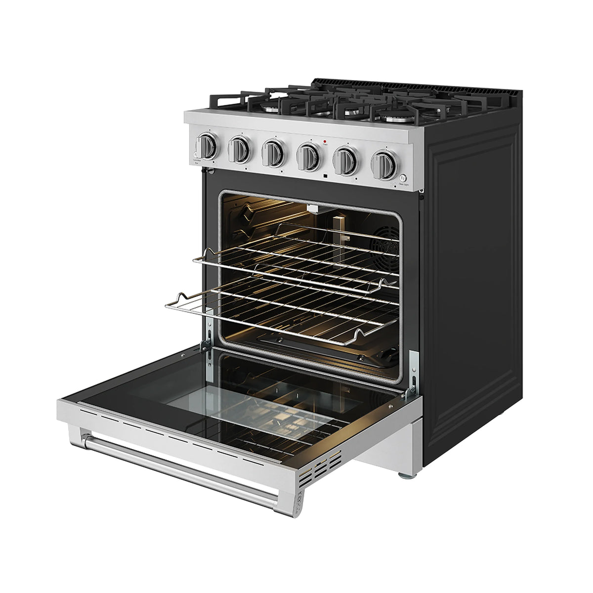 Stainless steel gas range with oven door open and wire racks inside