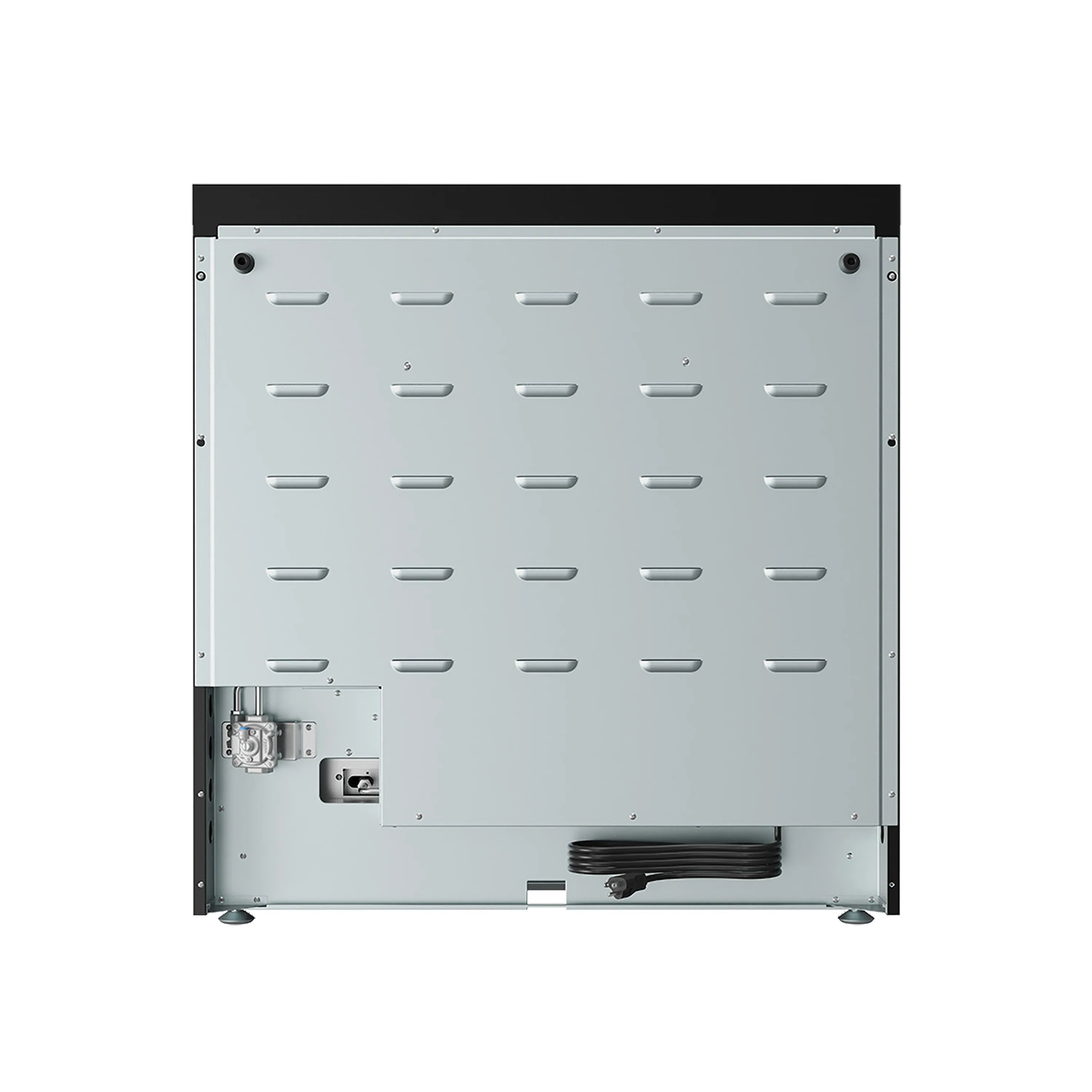 Underside of gas range with mounted vents and electrical components