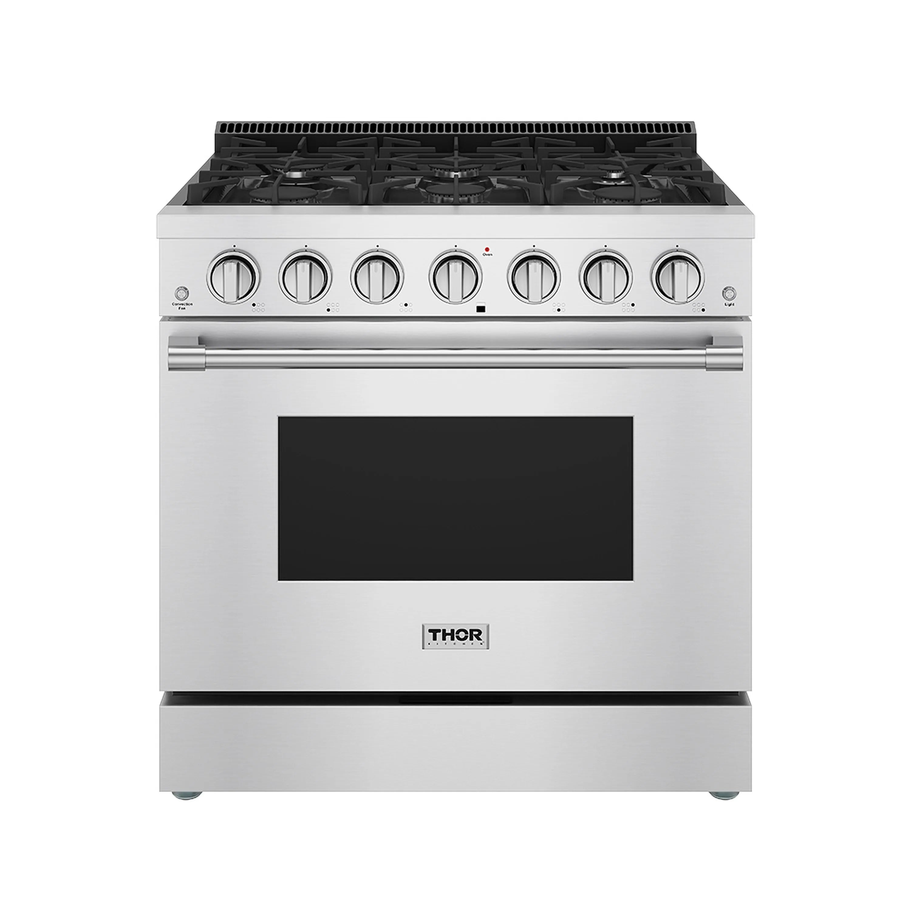 Front view of stainless steel gas range with burner grates and black door window
