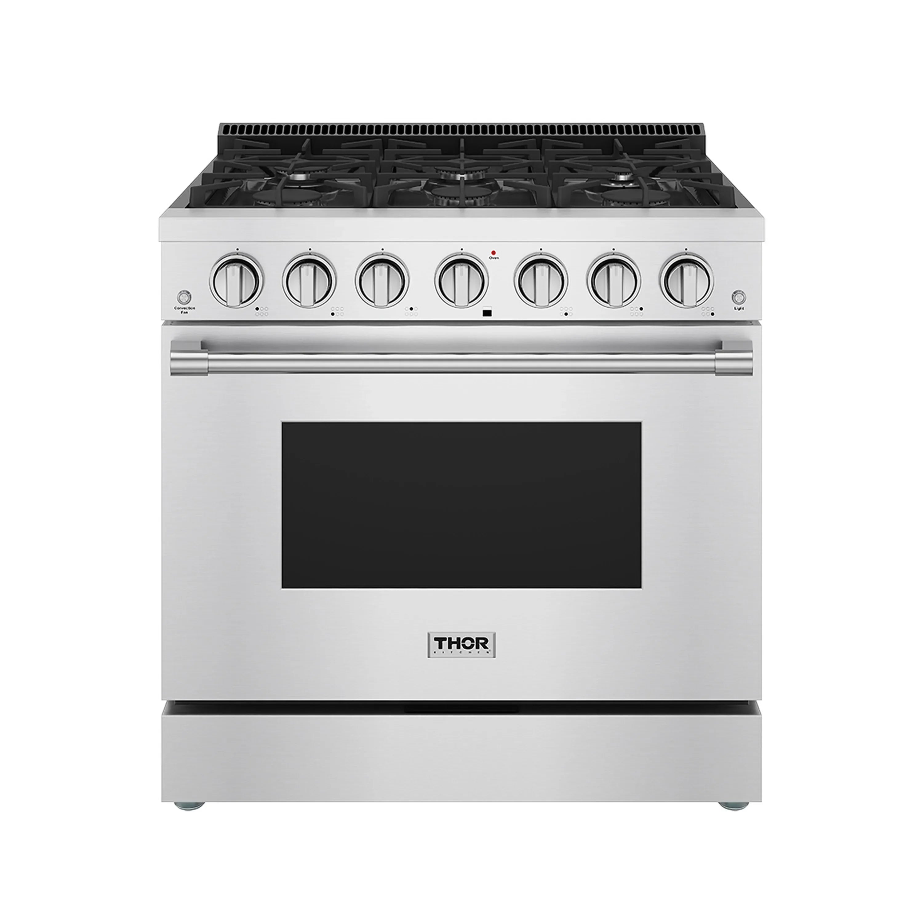 Stainless steel gas range with black glass oven door and six burner grates