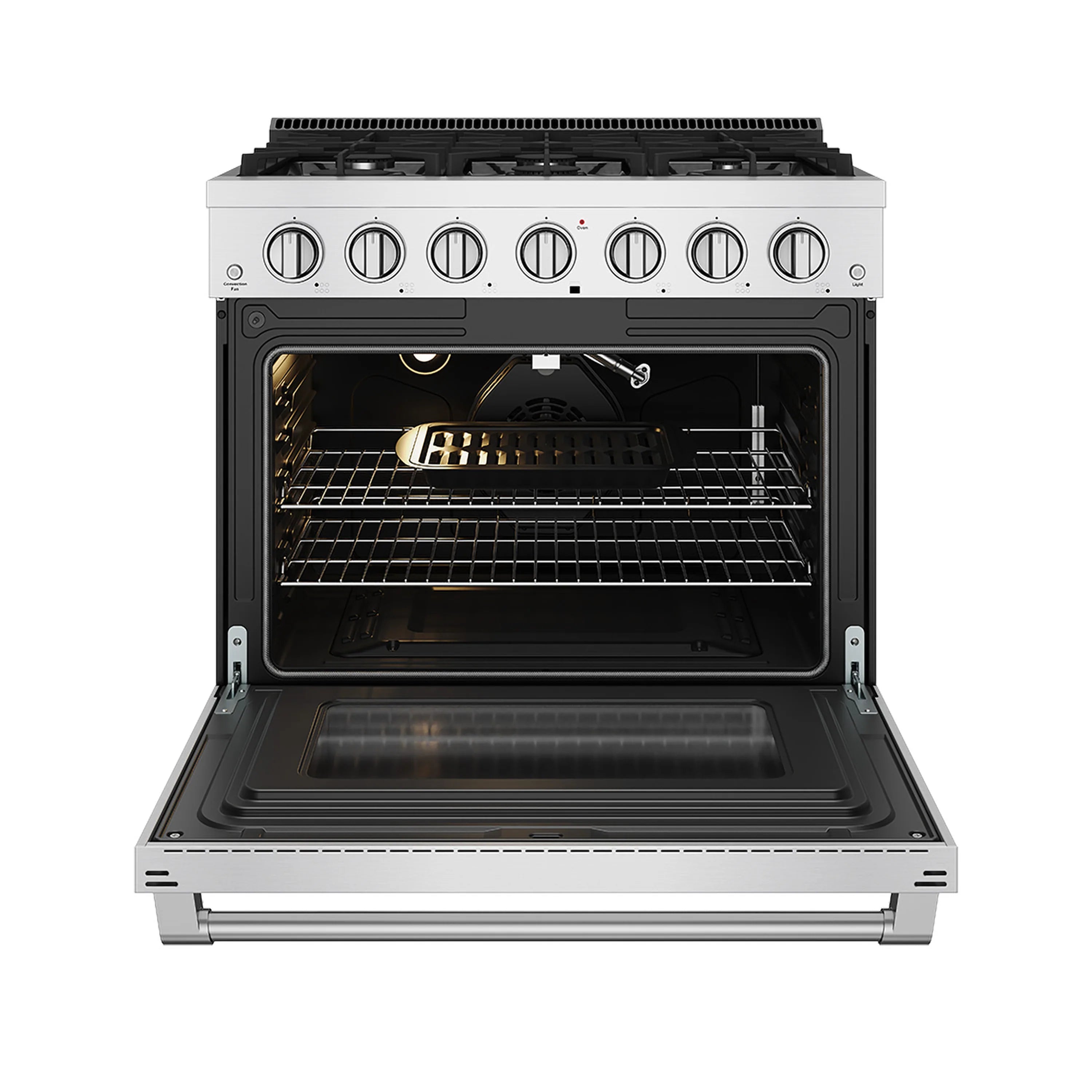 Stainless steel gas range with open oven door, racks and burner grates visible