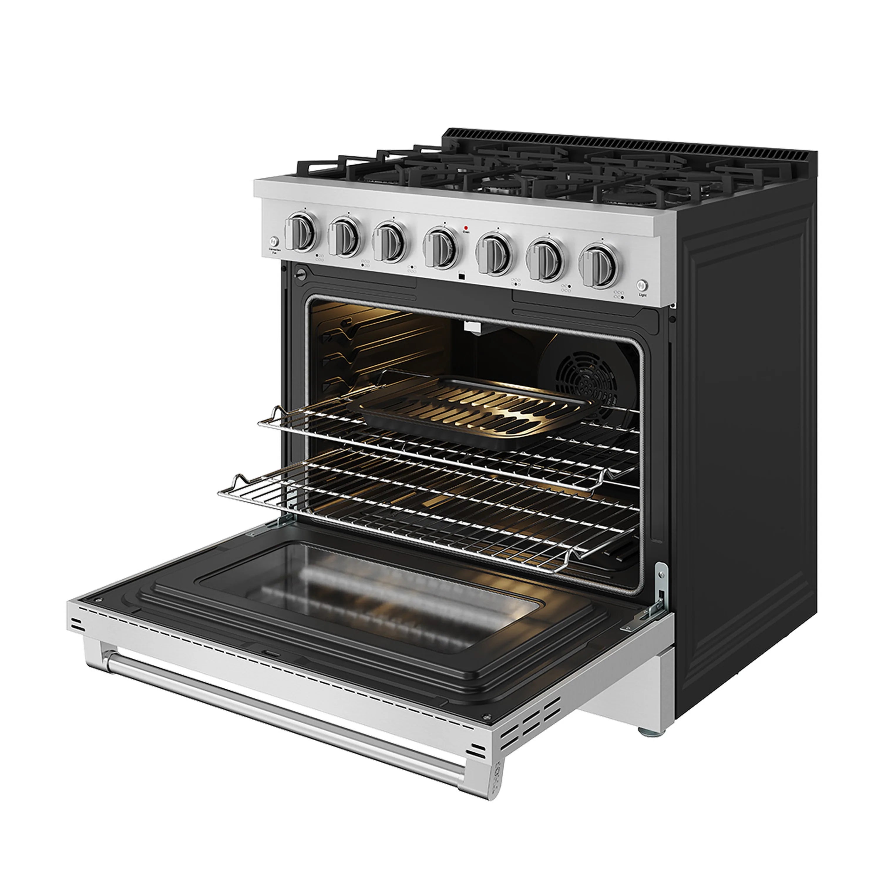 Stainless steel gas range with oven door open and wire rack inside