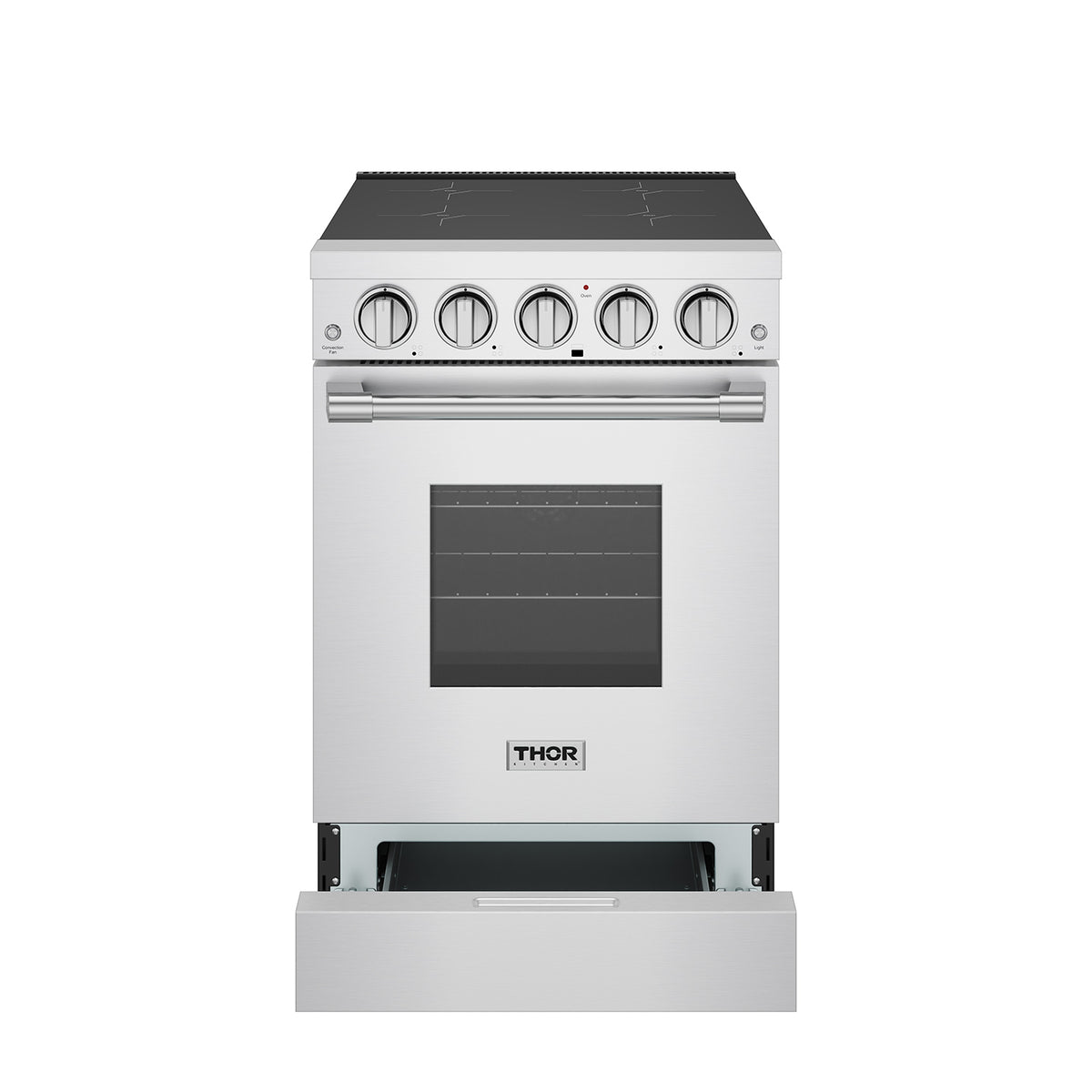 24-inch stainless steel induction range with storage drawer open