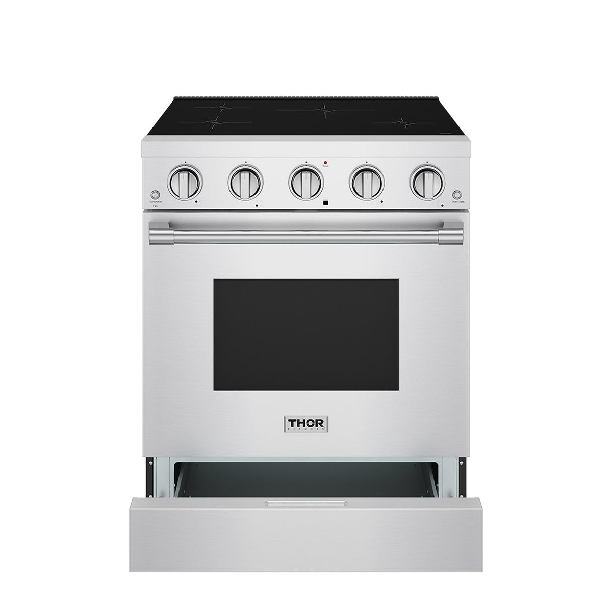 30-inch stainless steel induction range with storage drawer open