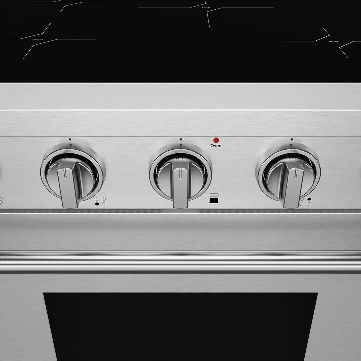 30-inch induction range heavy-duty metal control knobs close-up