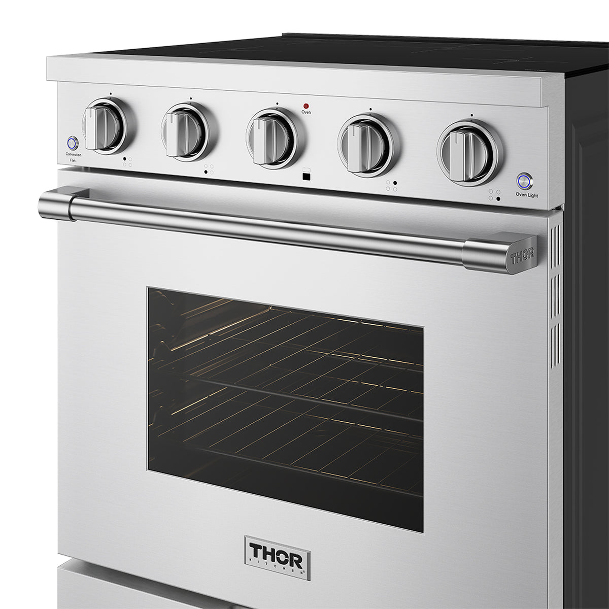 30-inch stainless steel induction range control panel and lit oven interior