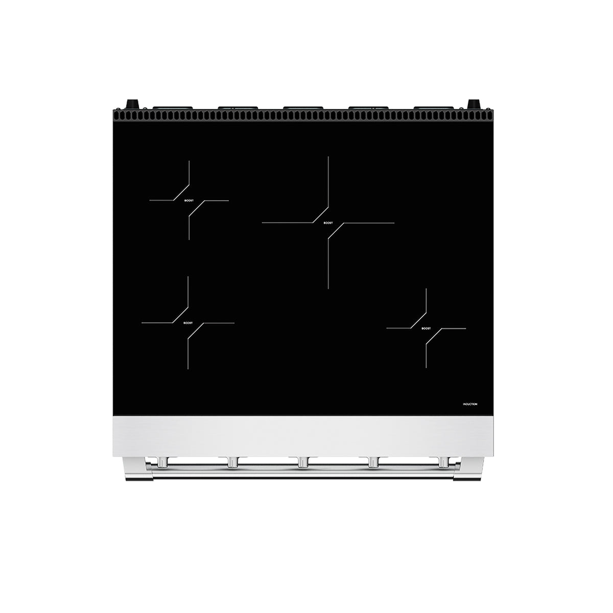 Top view of the 30-inch induction range cooktop with four induction zones on black glass