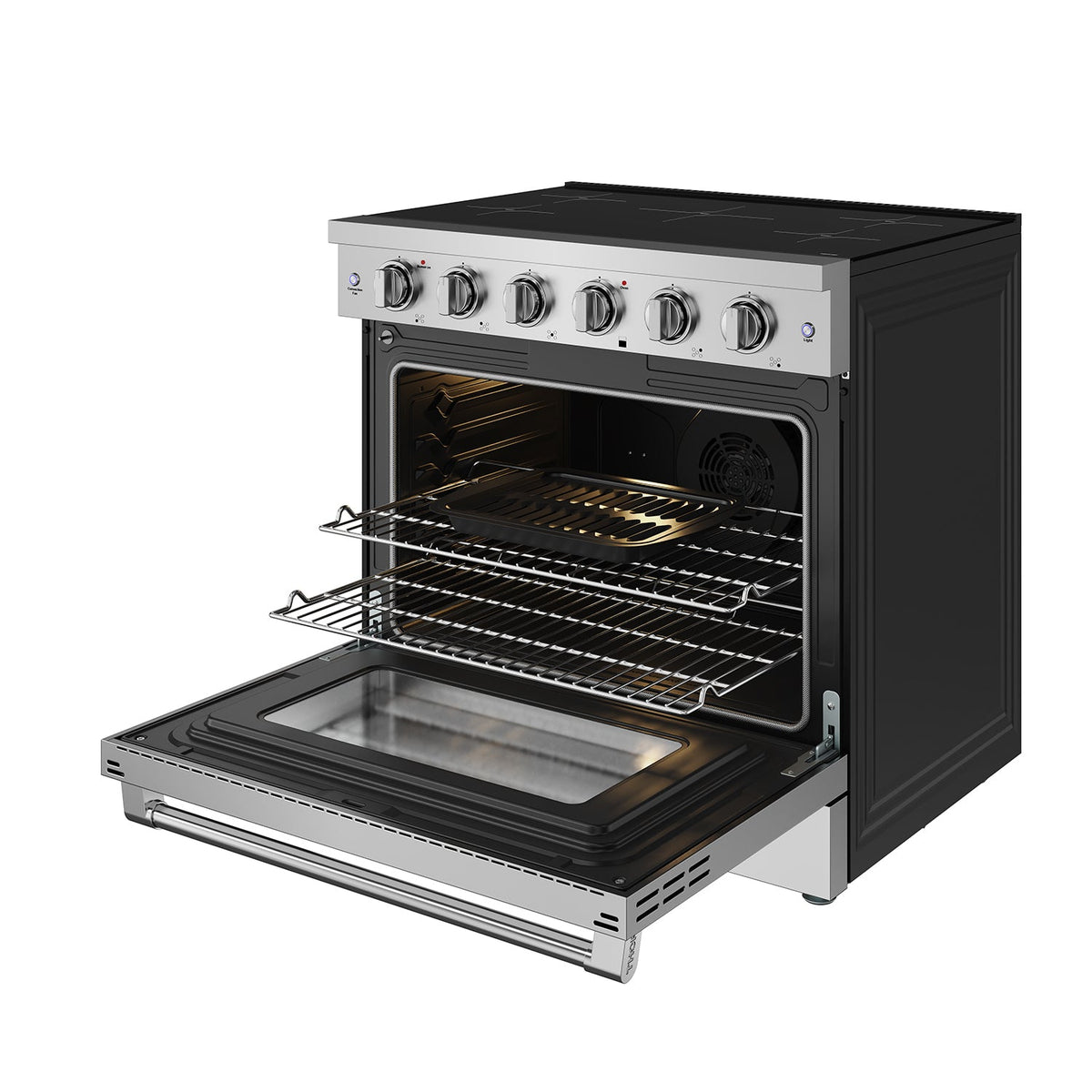 36-inch stainless steel induction range with oven rack pulled out