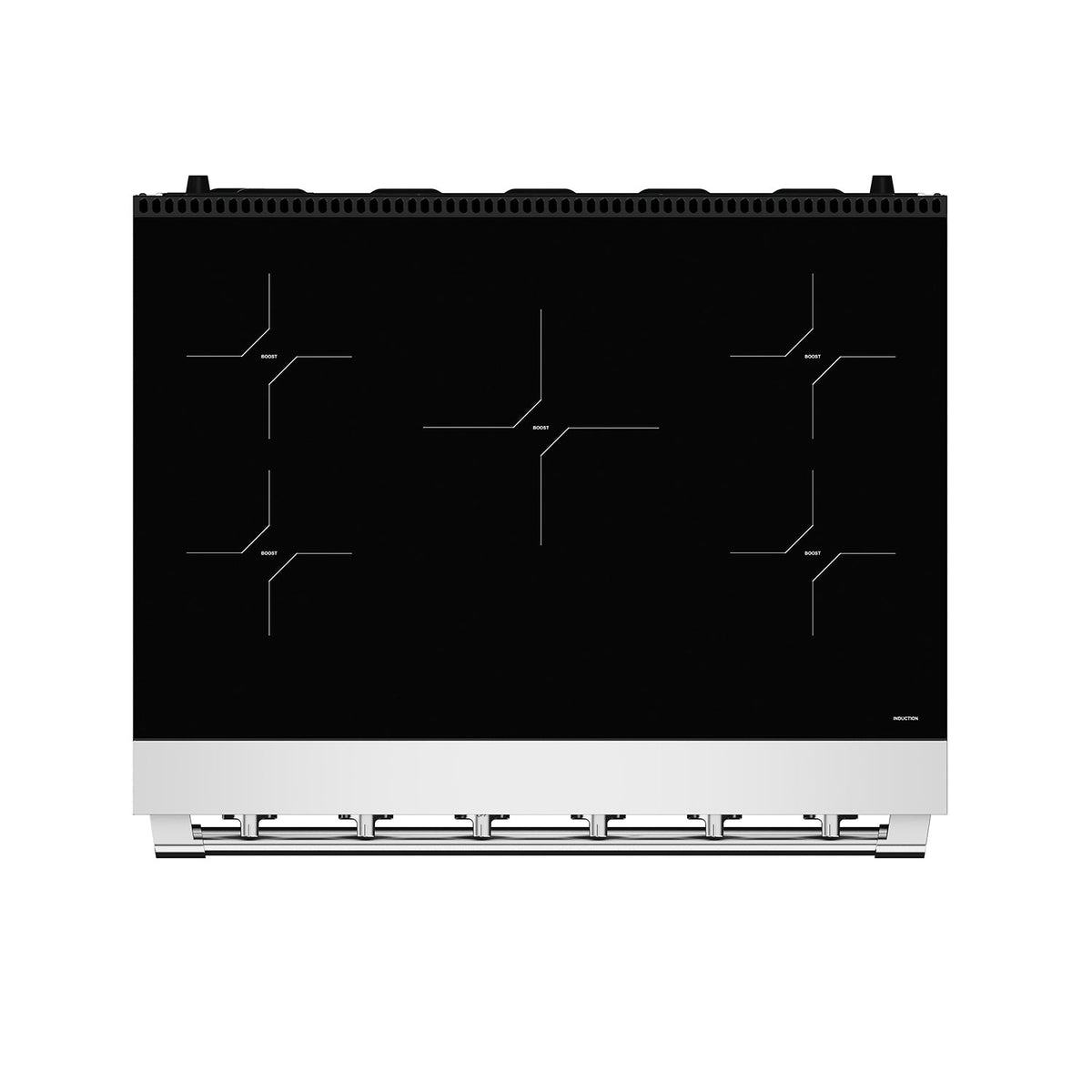 Top view of the 36-inch induction range cooktop with five induction zones on black glass