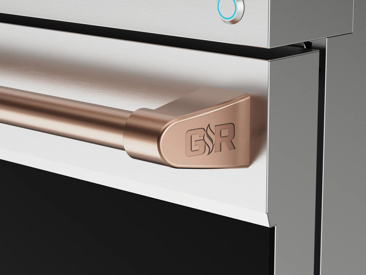 Stainless steel range handle with rose gold finish and GSR logo