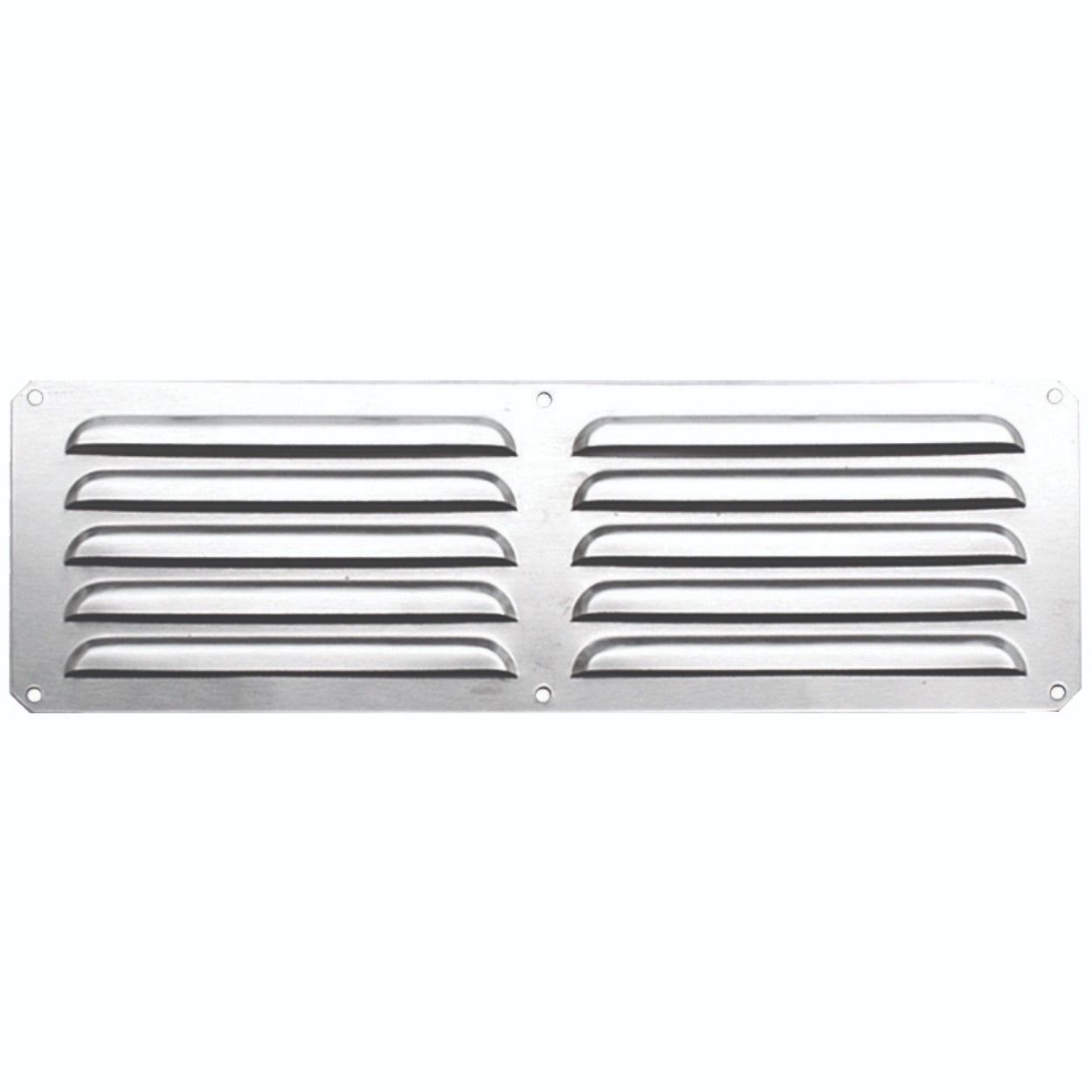 Stainless steel vent panel with horizontal louvers and corner mounting holes