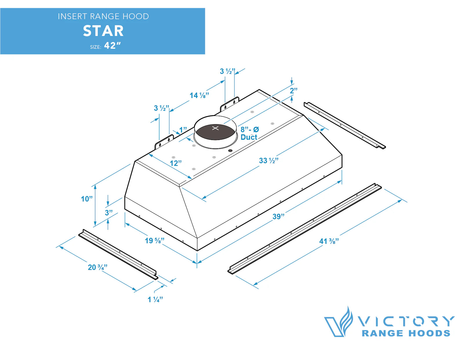 42-inch range hood insert diagram showing duct size and overall dimensions