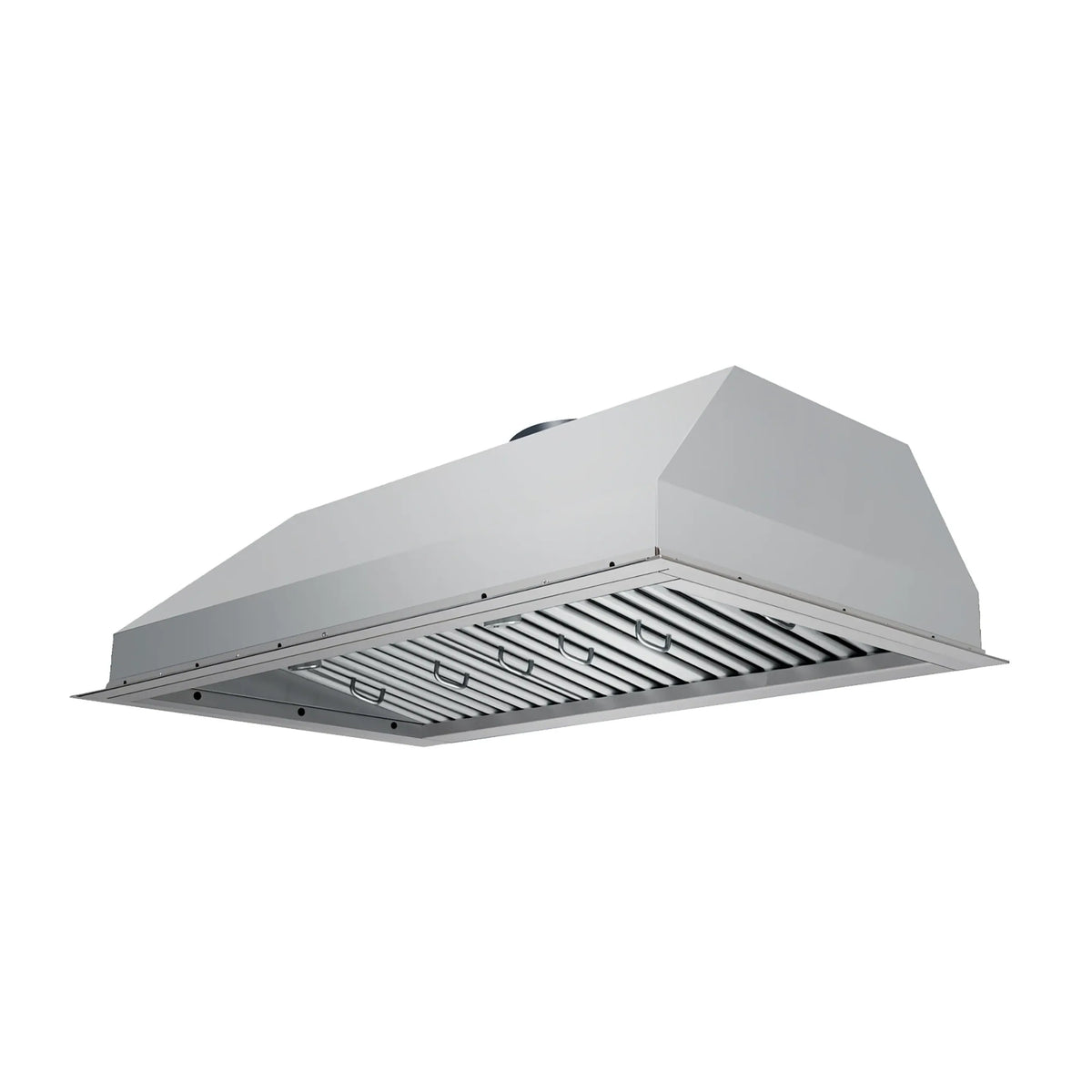 Stainless steel range hood underside with baffle filter grille and vent opening