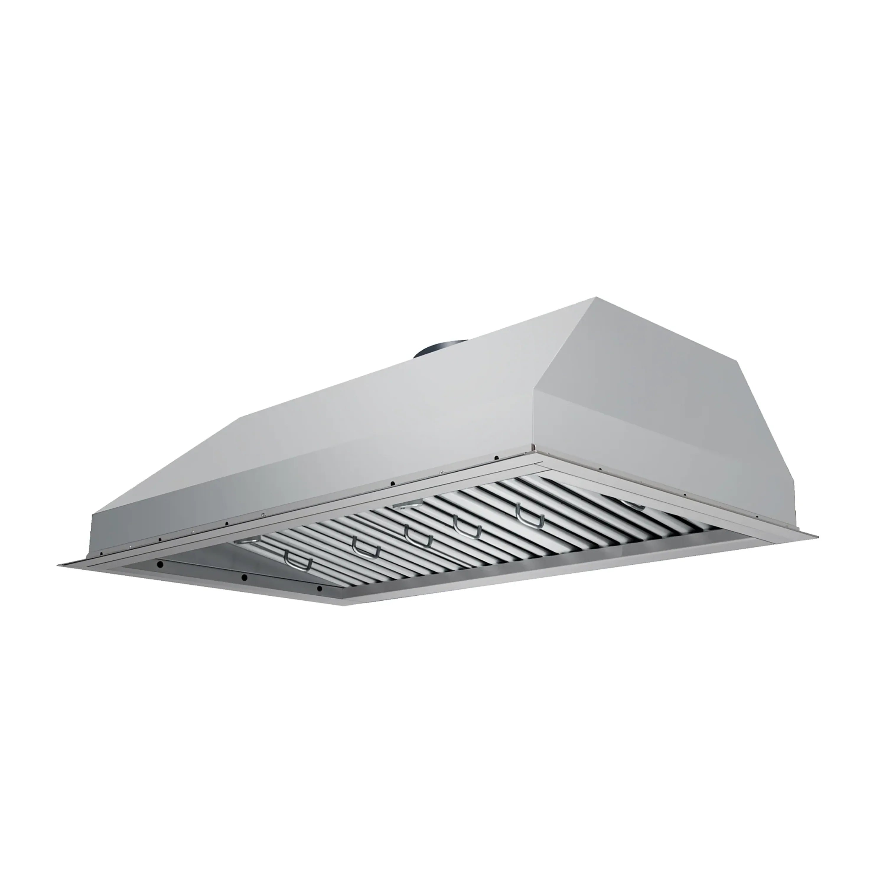 Stainless steel convertible range hood with slotted baffle filters and top duct collar.