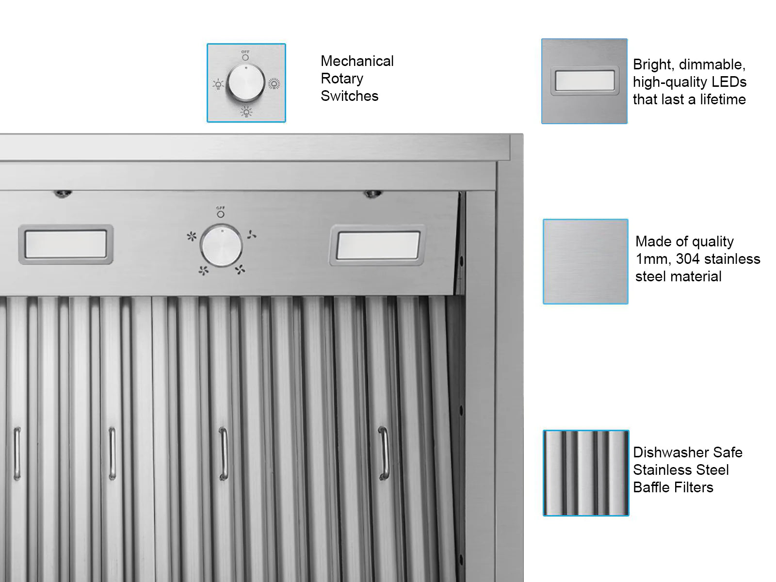 Stainless range hood insert control panel with switches, LEDs, and baffle filters