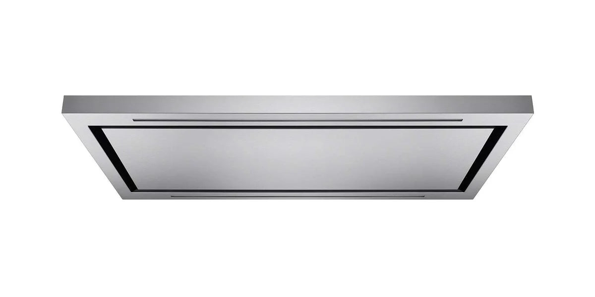 Ceiling range hood underside with black baffle panel and slim LED light strip