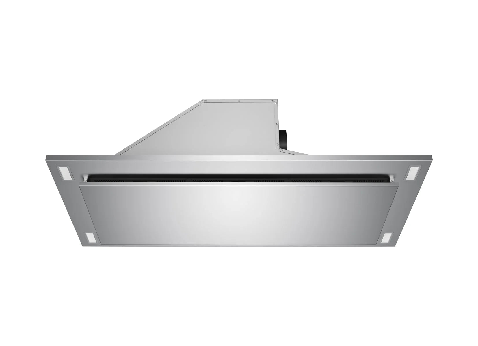 Flush ceiling mount range hood underside with vent opening and recessed front panel