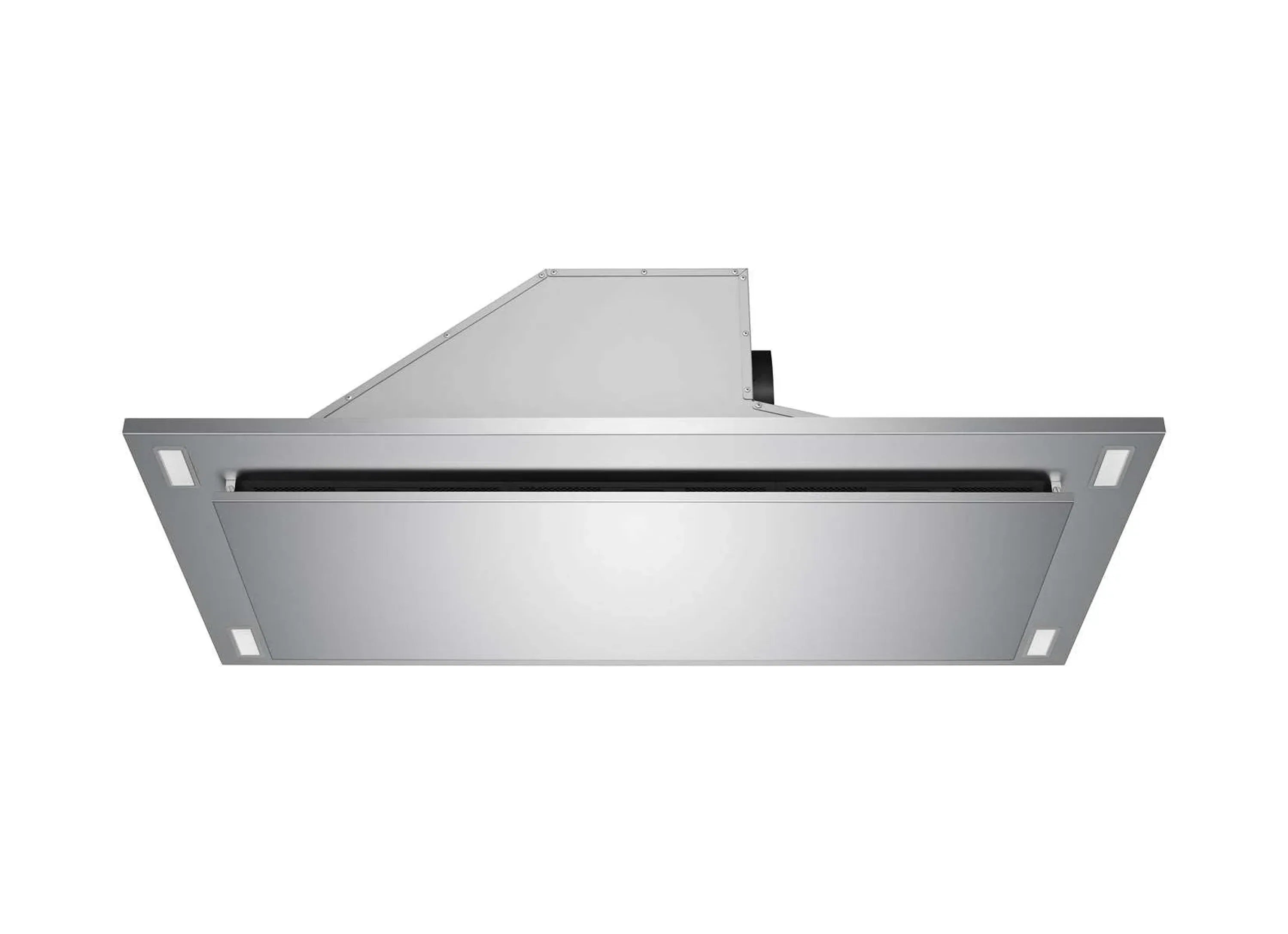 Stainless steel ceiling range hood with top exhaust outlet and smooth canopy