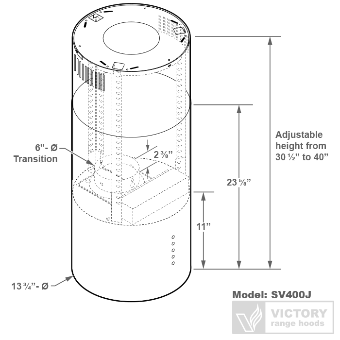 Round cylinder range hood with measurements, Model SV400J (Victory range hoods)