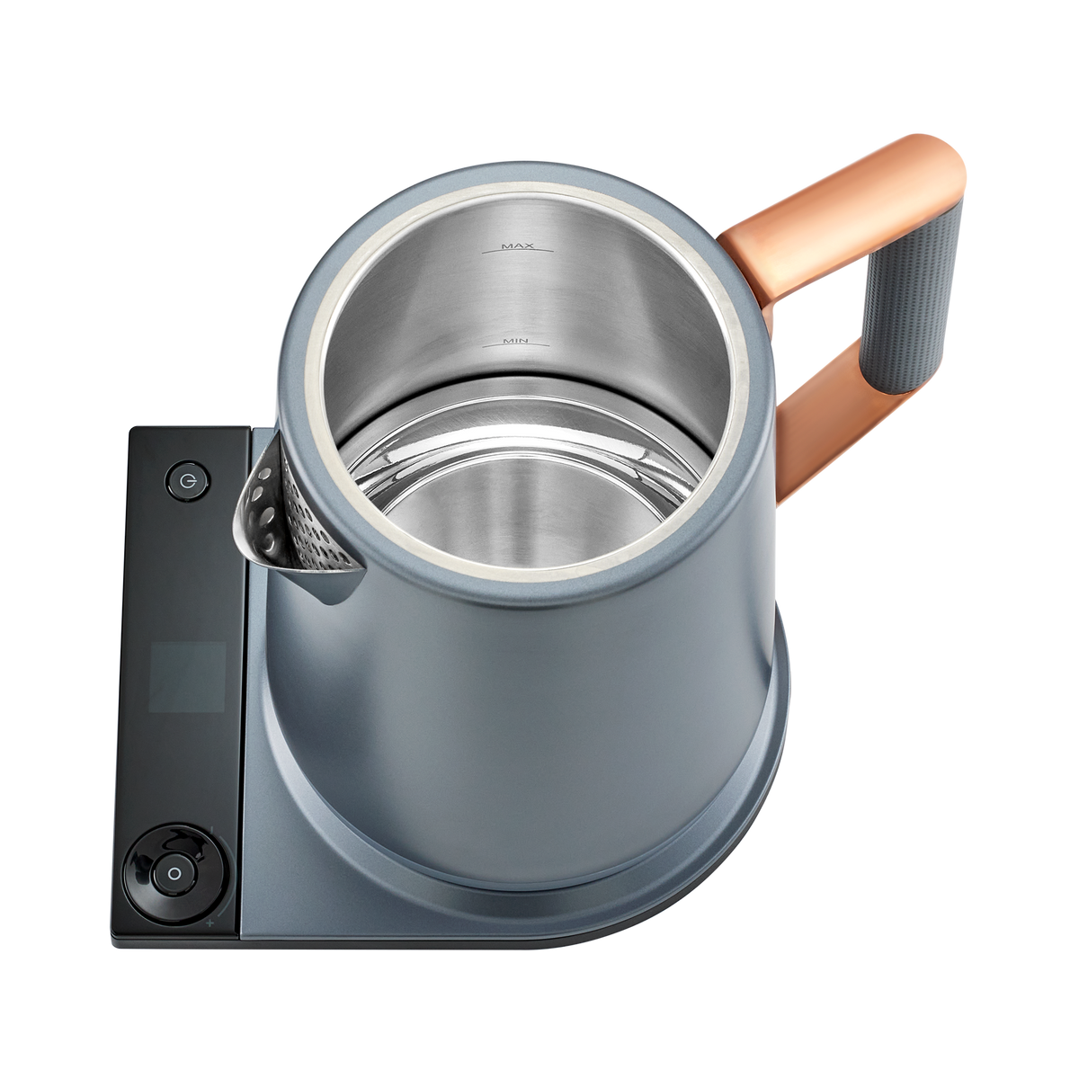 Midnight blue electric kettle open top showing stainless-steel inner pot and copper handle.
