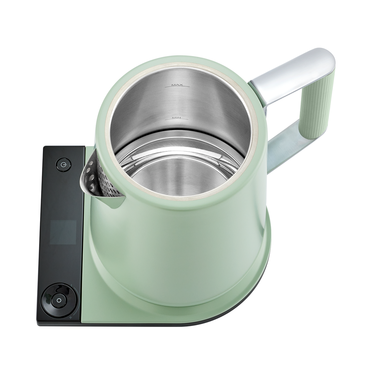Sage green electric kettle open top with stainless-steel interior, showing control panel and spout.