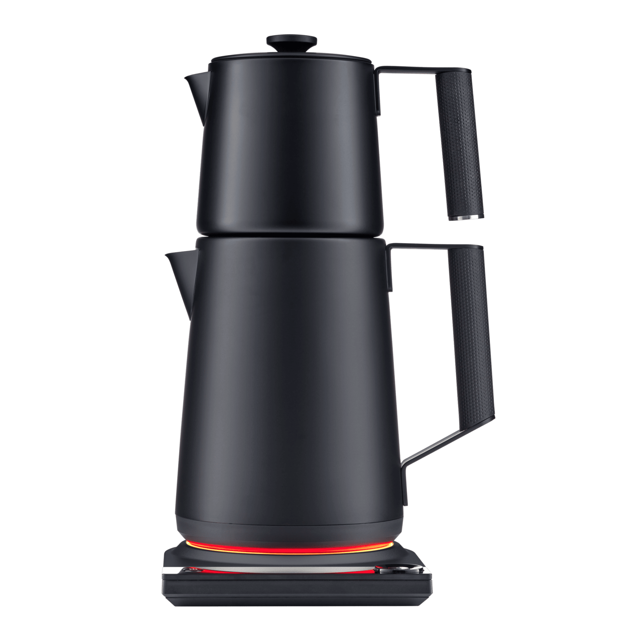 Electric Turkish tea maker, twin pots, matte black with glowing LED base ring