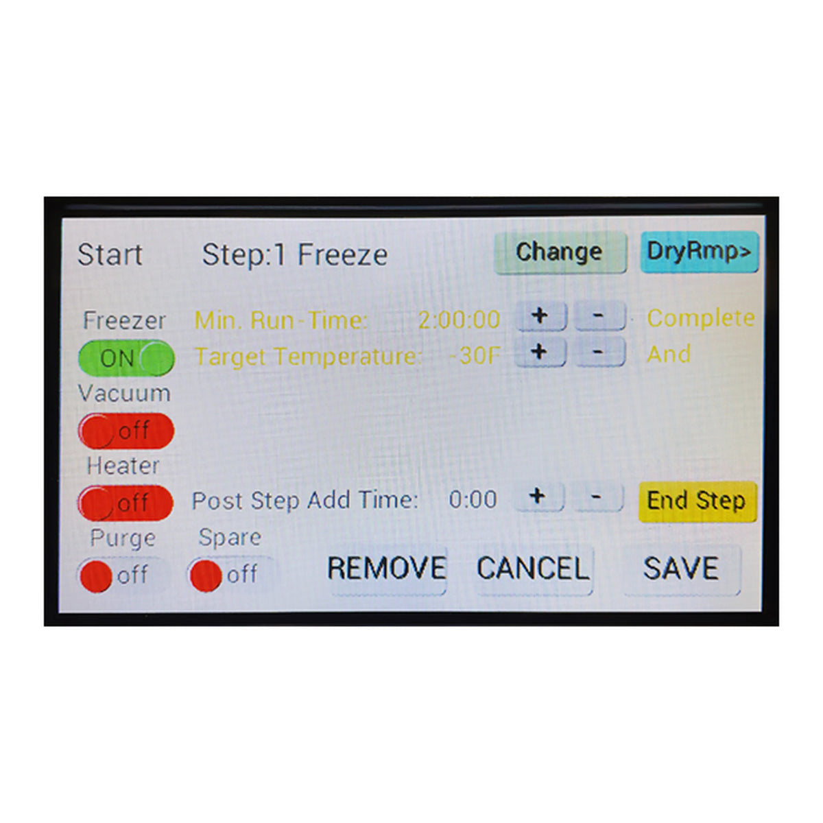 Freeze dryer control screen with Start Step 1 Freeze controls and vacuum/heater options