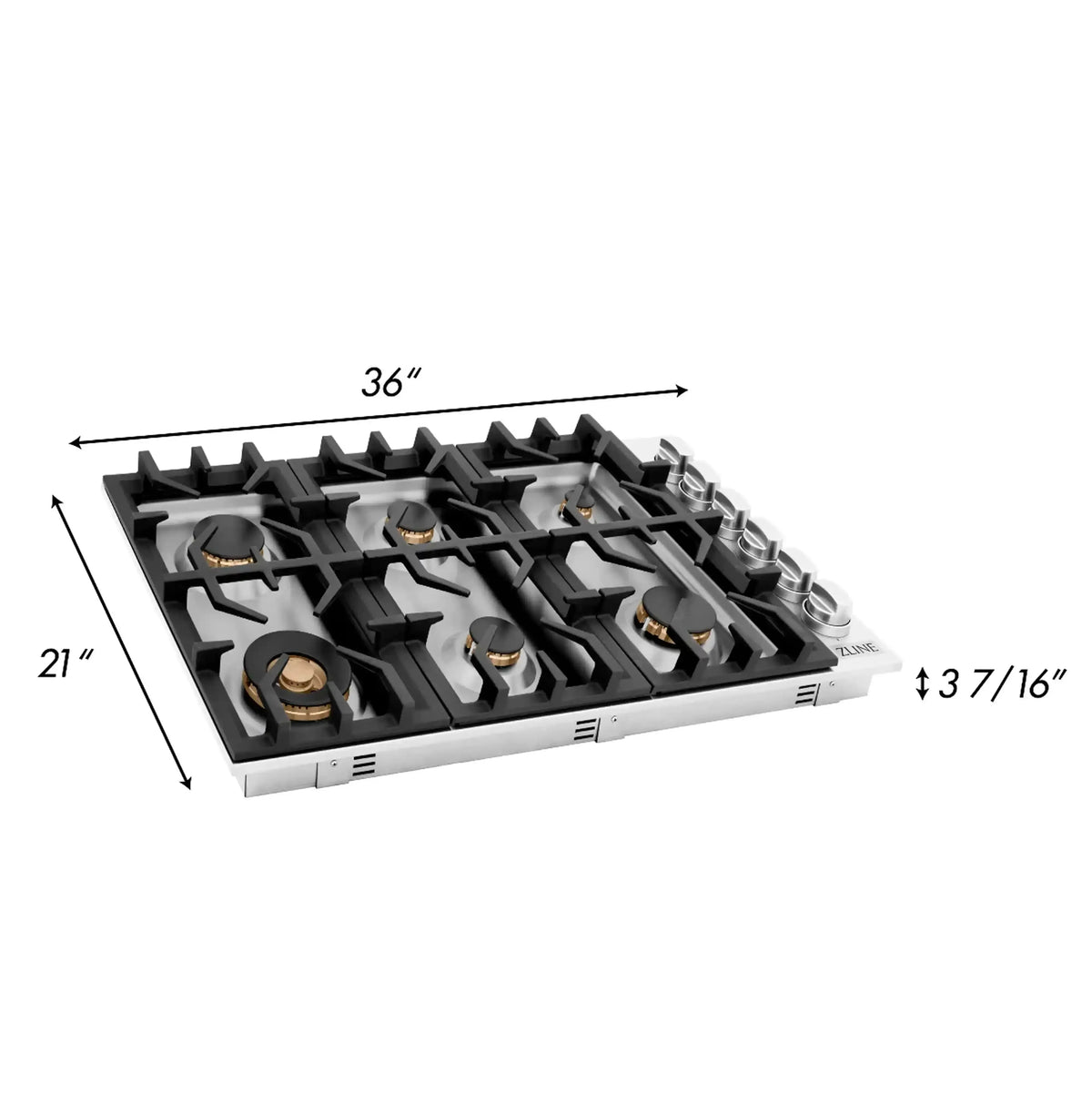 Six-burner gas cooktop with size arrows: 36 in wide and 21 in deep