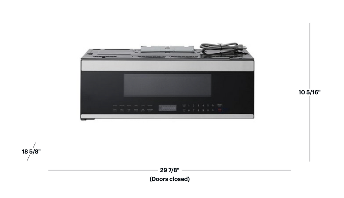 Microwave oven size diagram showing front view and overall dimensions
