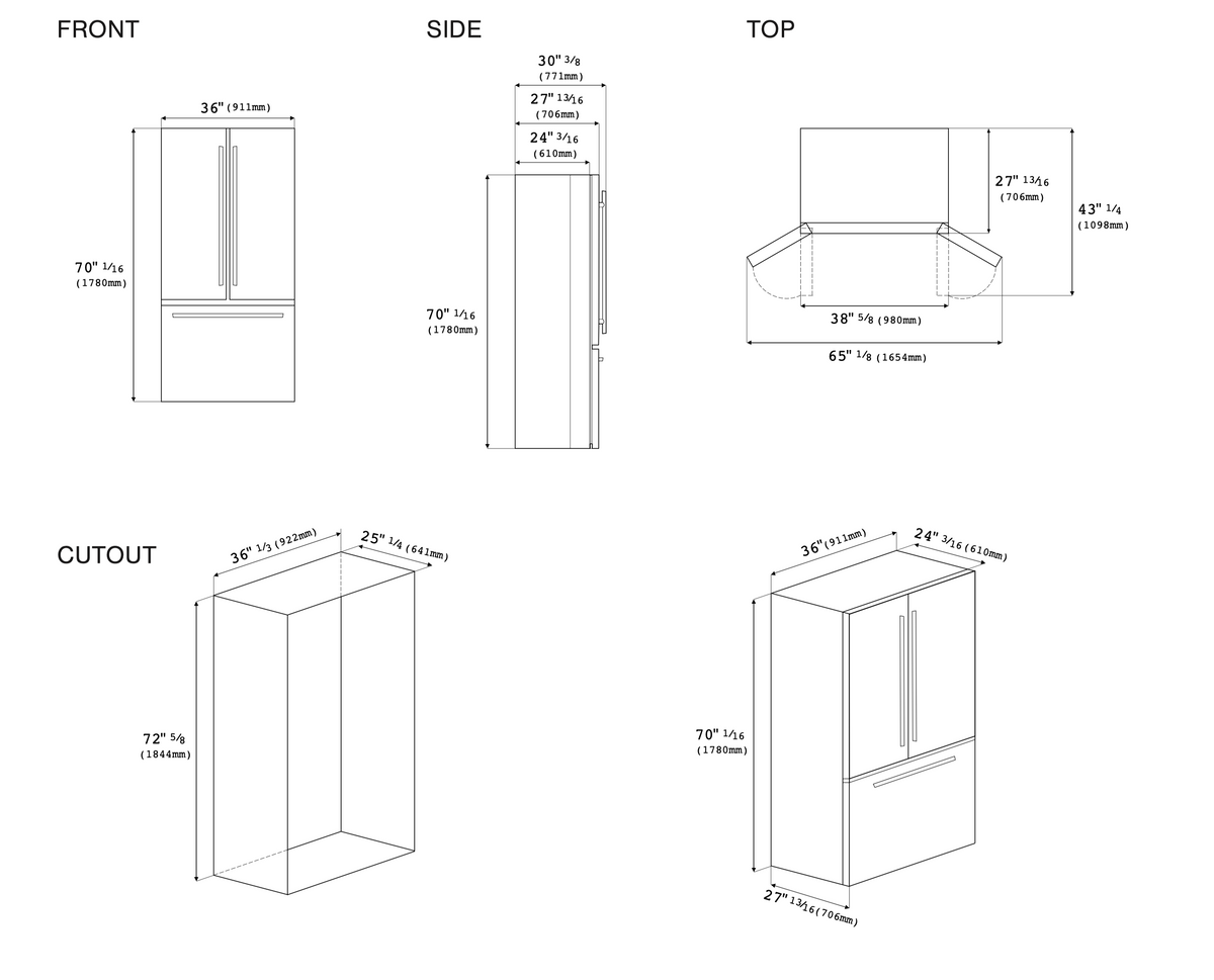 Stainless steel refrigerator dimension drawings with front, side, and top views