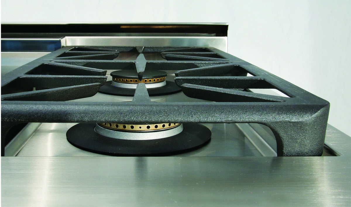 Stainless gas range cooktop with four burners and black cast-iron grates