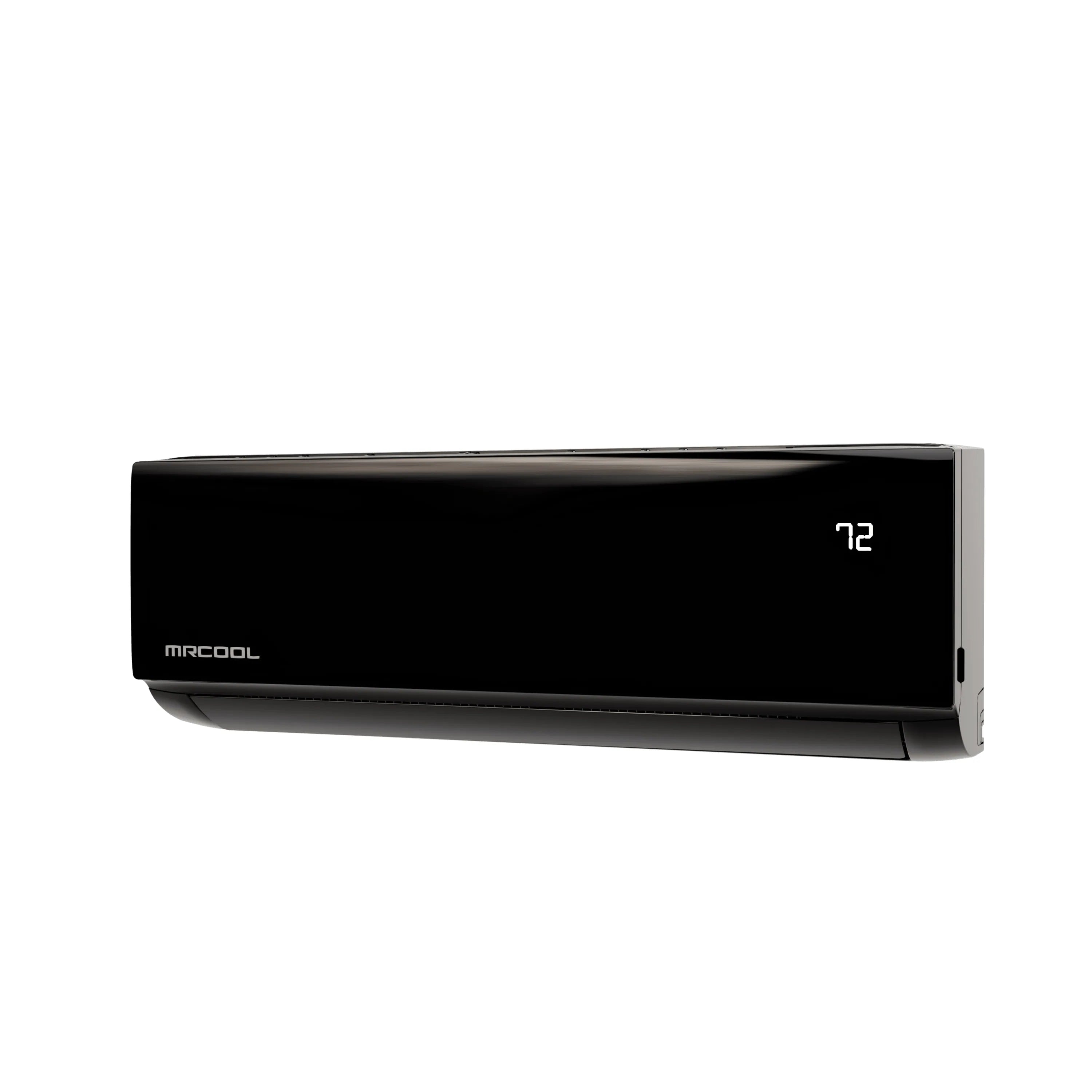 Black ductless mini split indoor wall unit with side control panel and 12 display