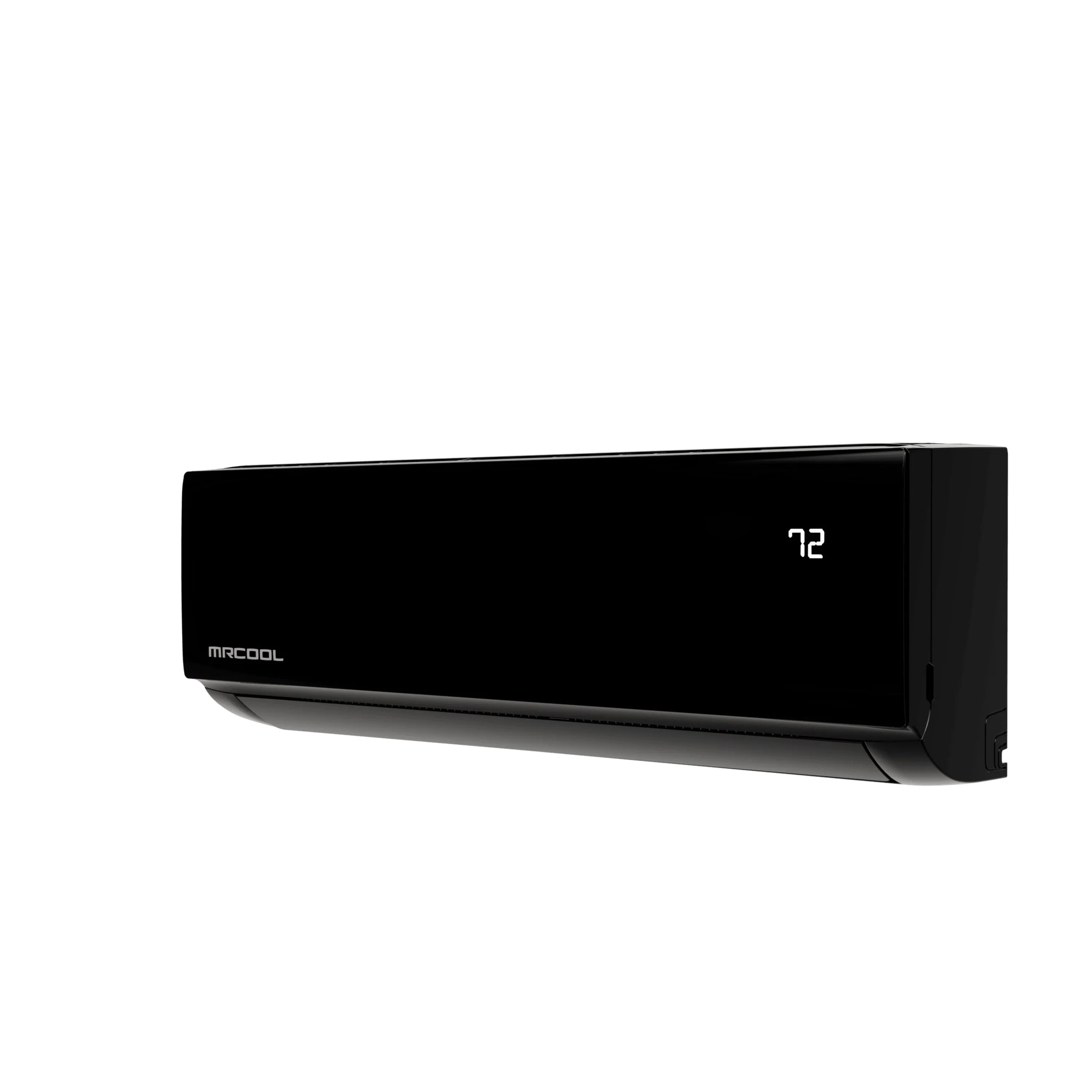 MRCOOL wall-mounted mini split indoor unit, black finish, side view with small display