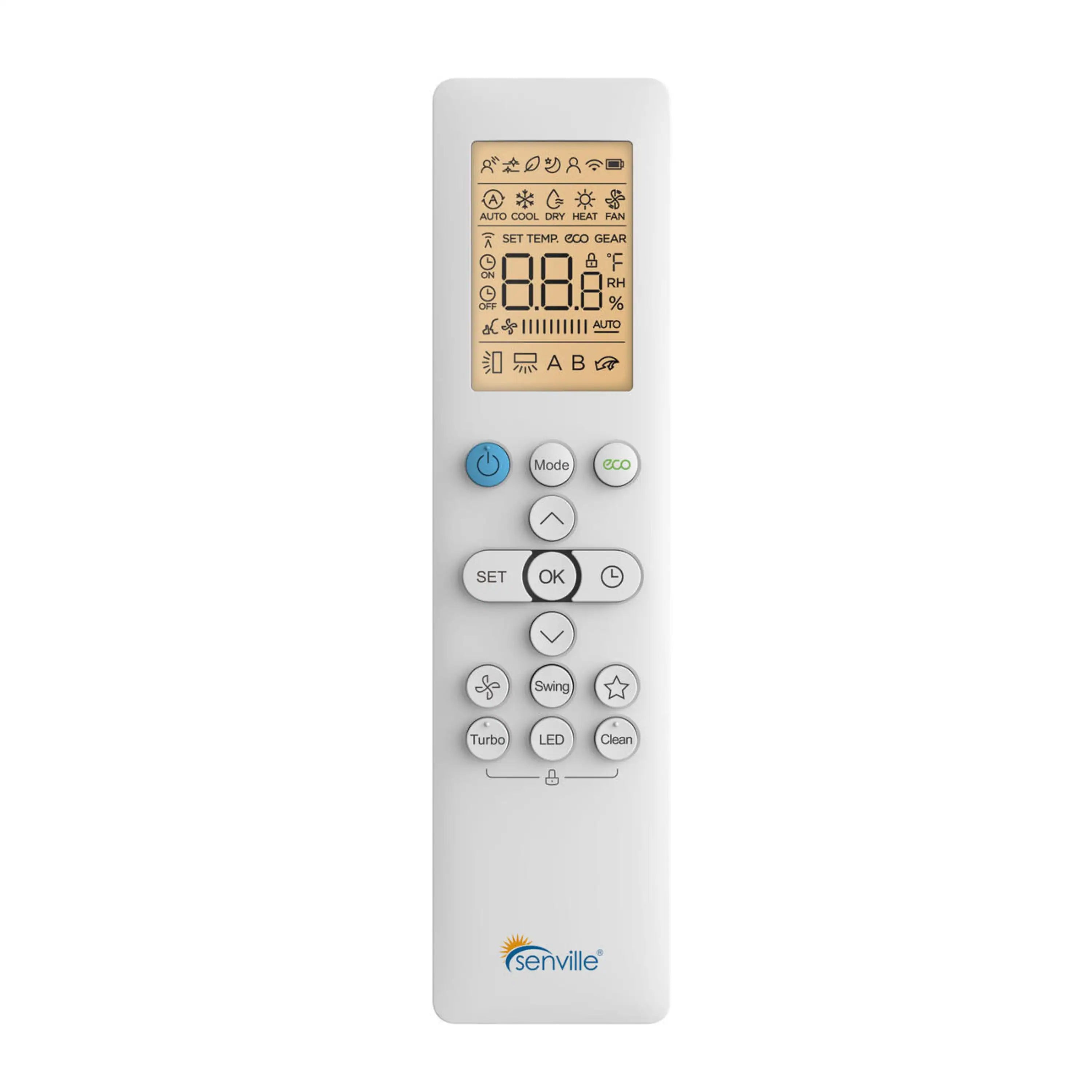 White mini split remote control with LCD screen and buttons for modes