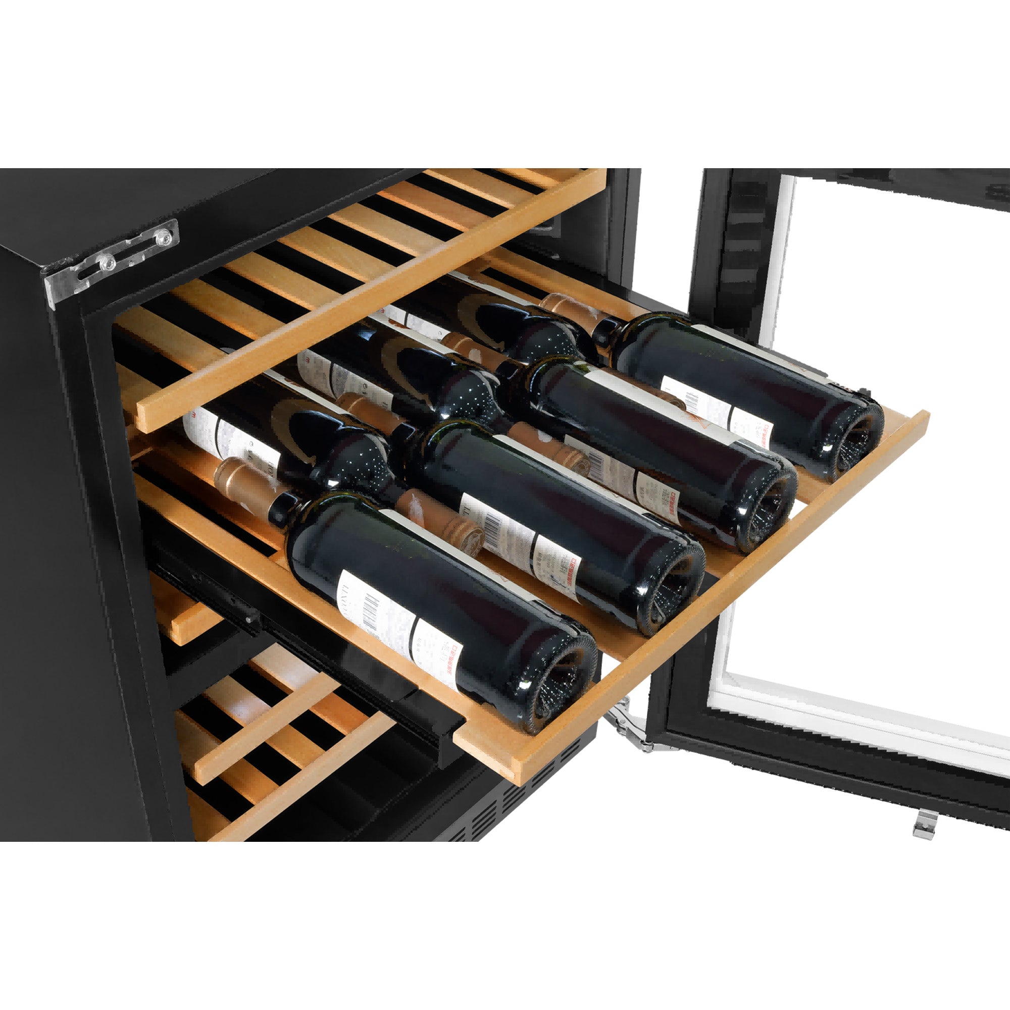 Wine cooler open on wooden racks holding bottles, with glass door ajar