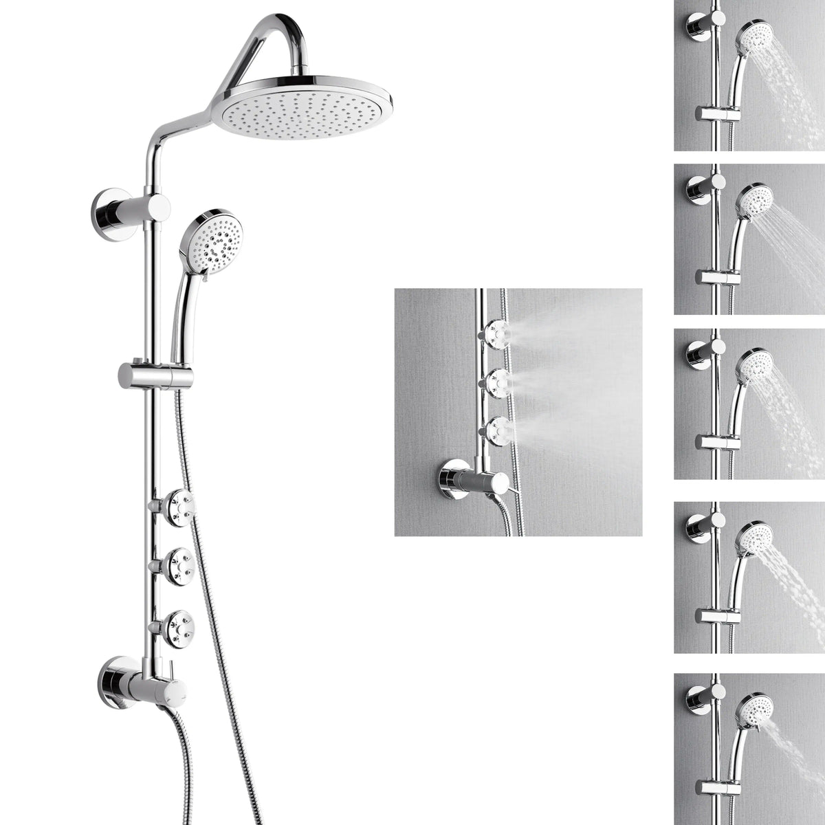 Polished stainless steel overhead rainfall shower with handheld sprayer and multi-jet controls