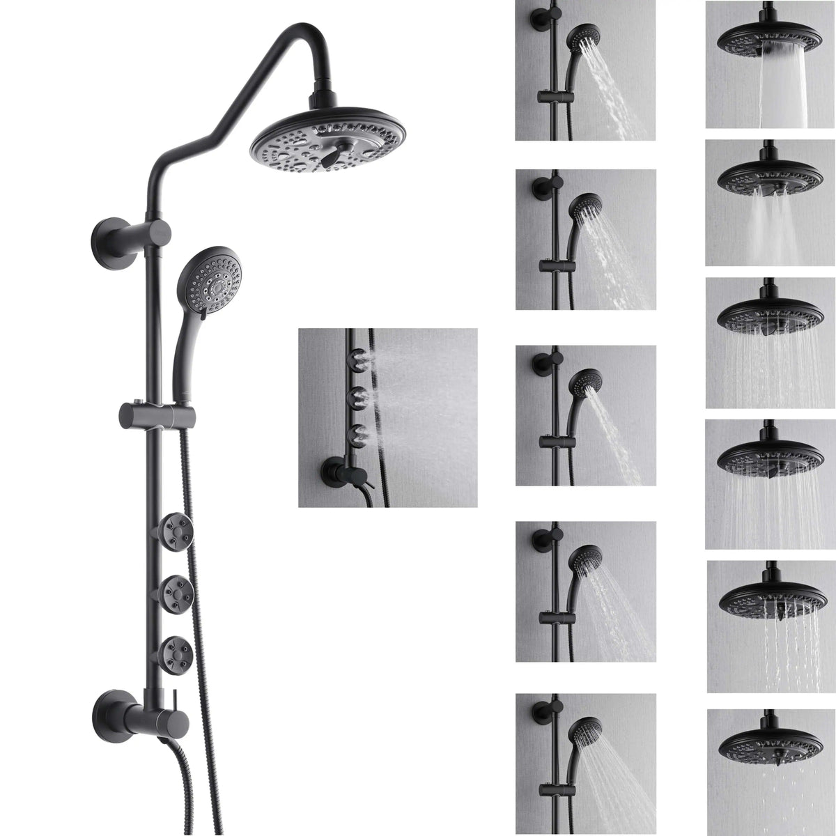 Matte black shower column with overhead rain head, handheld sprayer, and control valves