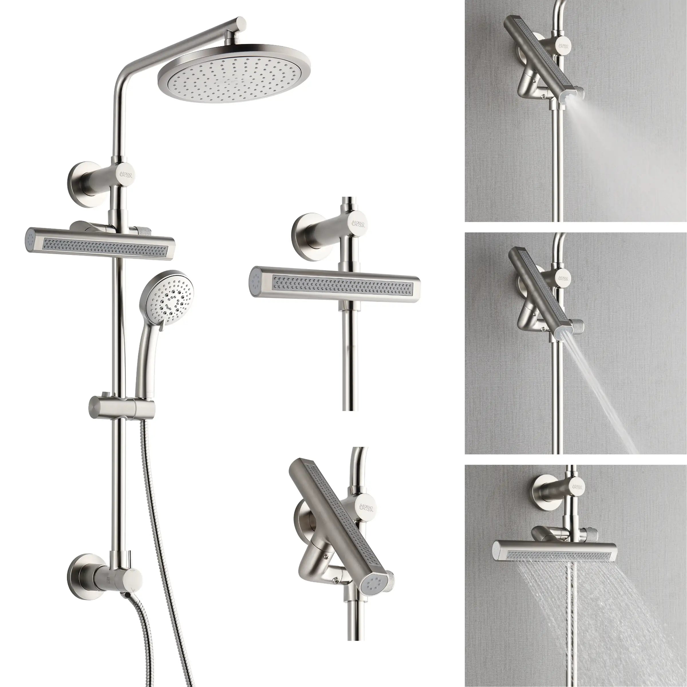 Brushed nickel shower set shown from multiple views: rainfall head, handheld and jets