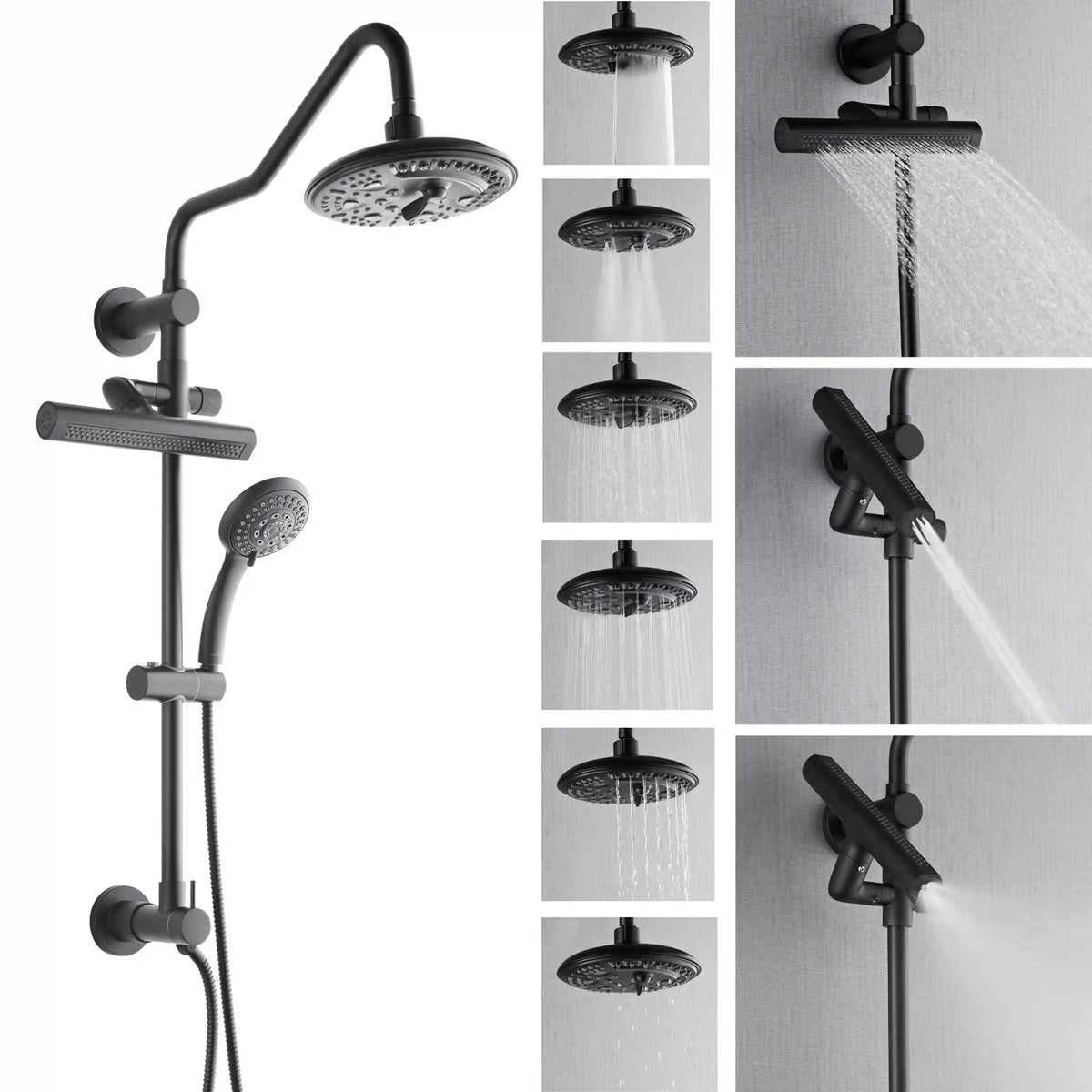 Matte black shower system bundle showing rainfall, handheld, and diverter positions