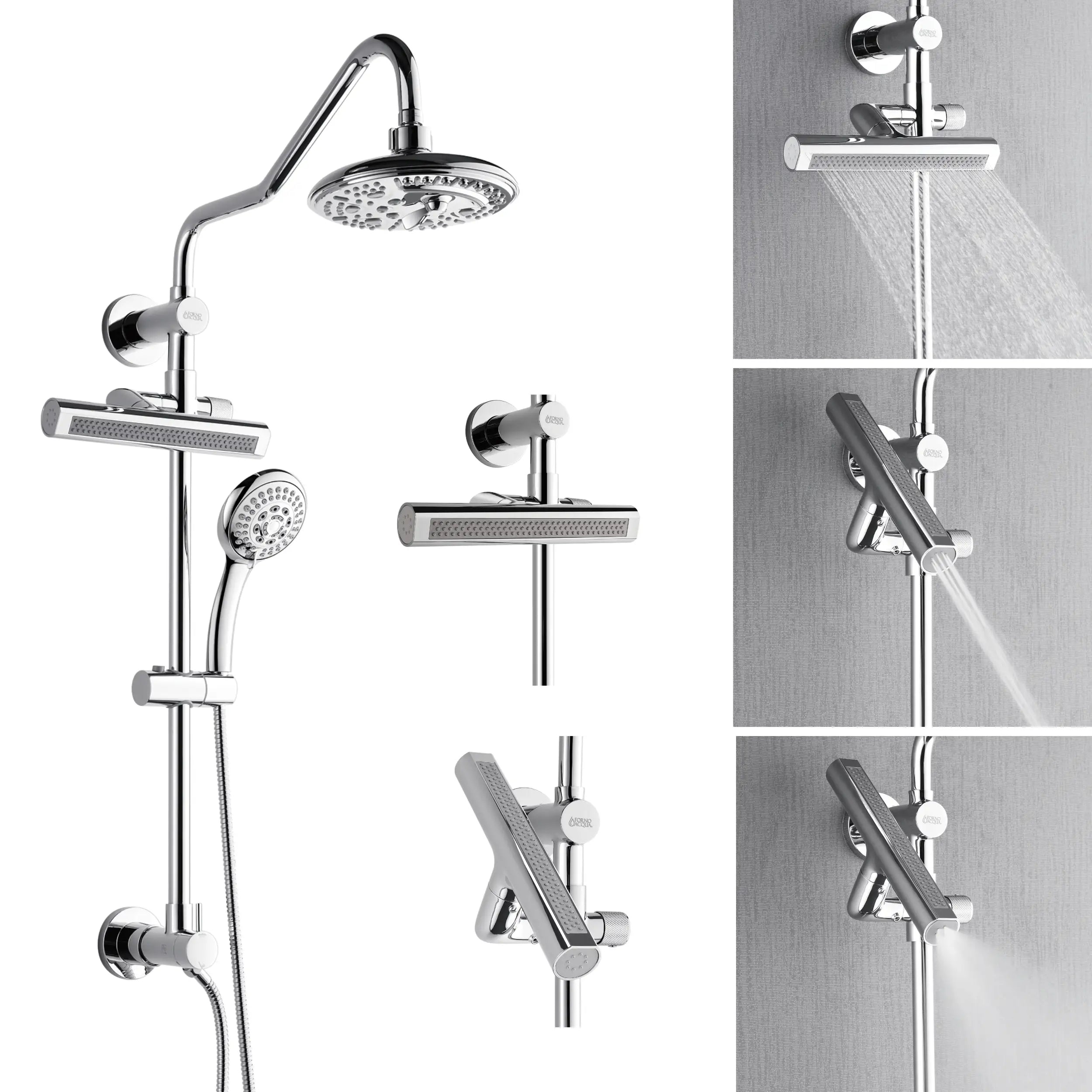 Polished stainless shower panel detail: overhead rain head, handheld sprayer, jets