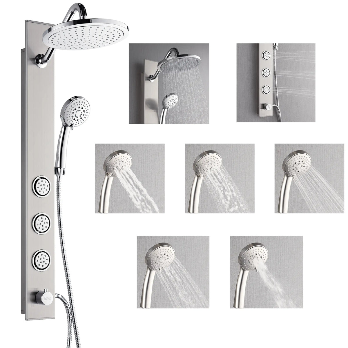 Stainless steel shower panel with overhead rainhead, handheld sprayer, and 6 jets